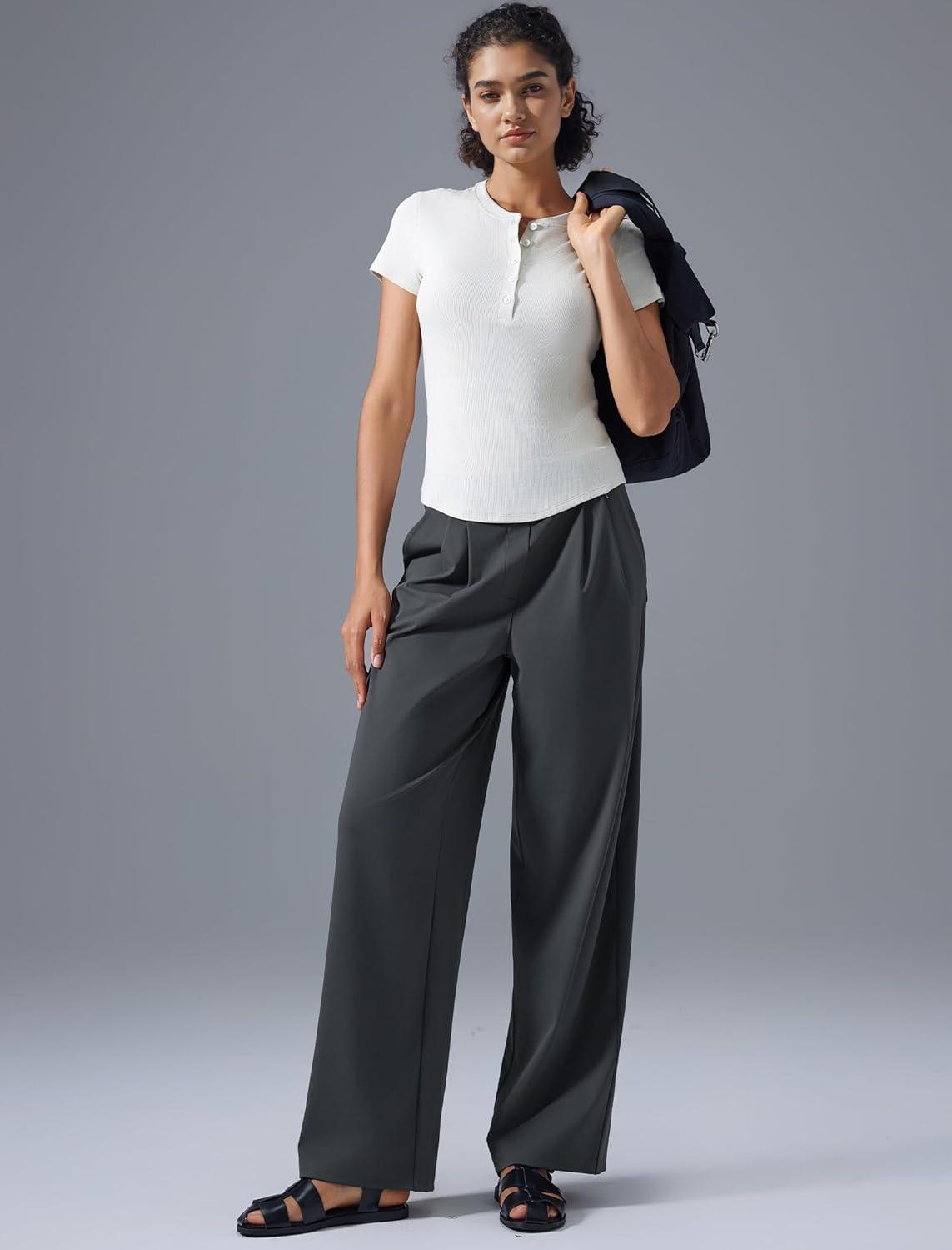 Yvette Dress Pants for Women Wide Leg Pleated Trousers High Waist Yoga Pants with Pockets(Grey)