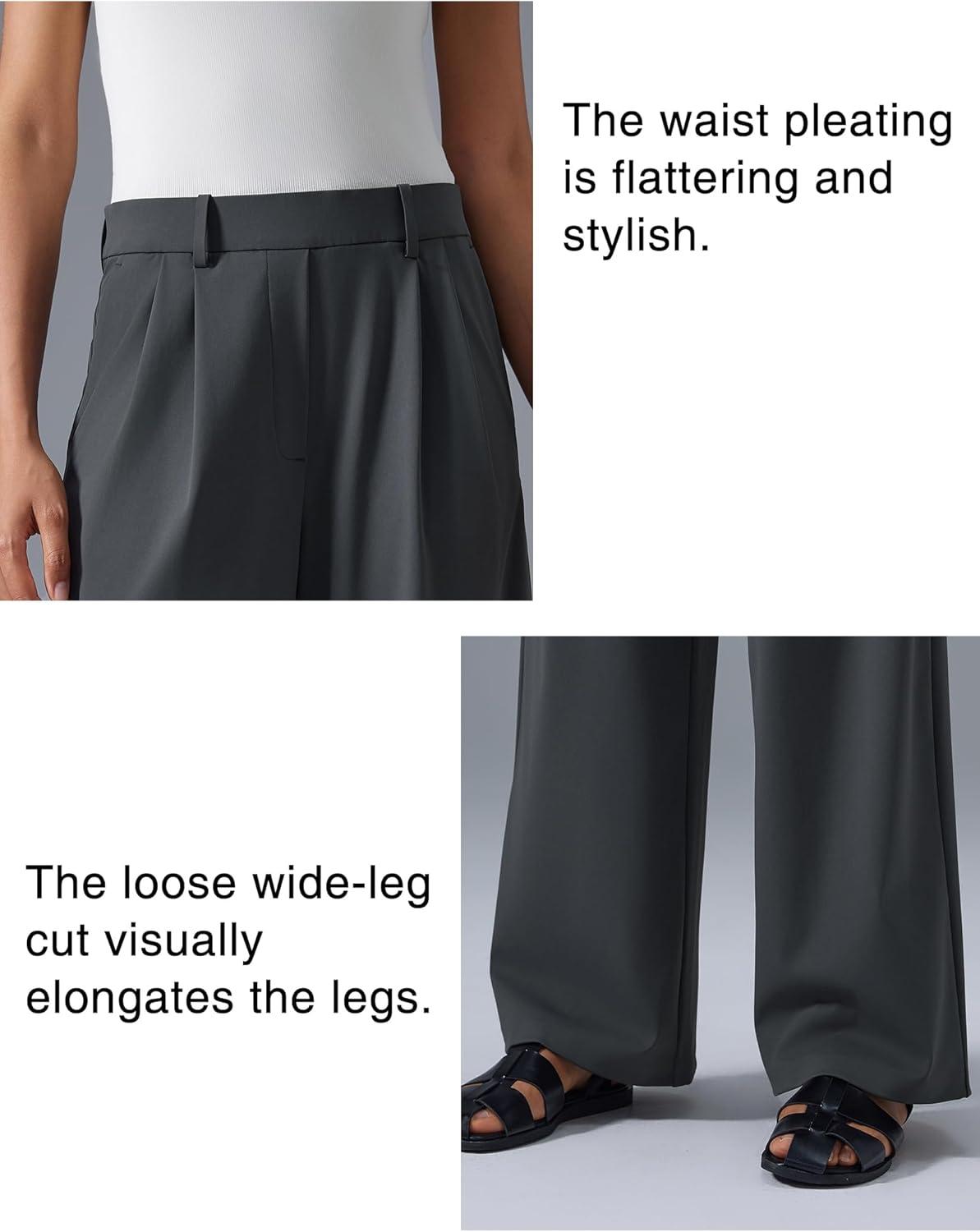 Yvette Dress Pants for Women Wide Leg Pleated Trousers High Waist Yoga Pants with Pockets(Grey)
