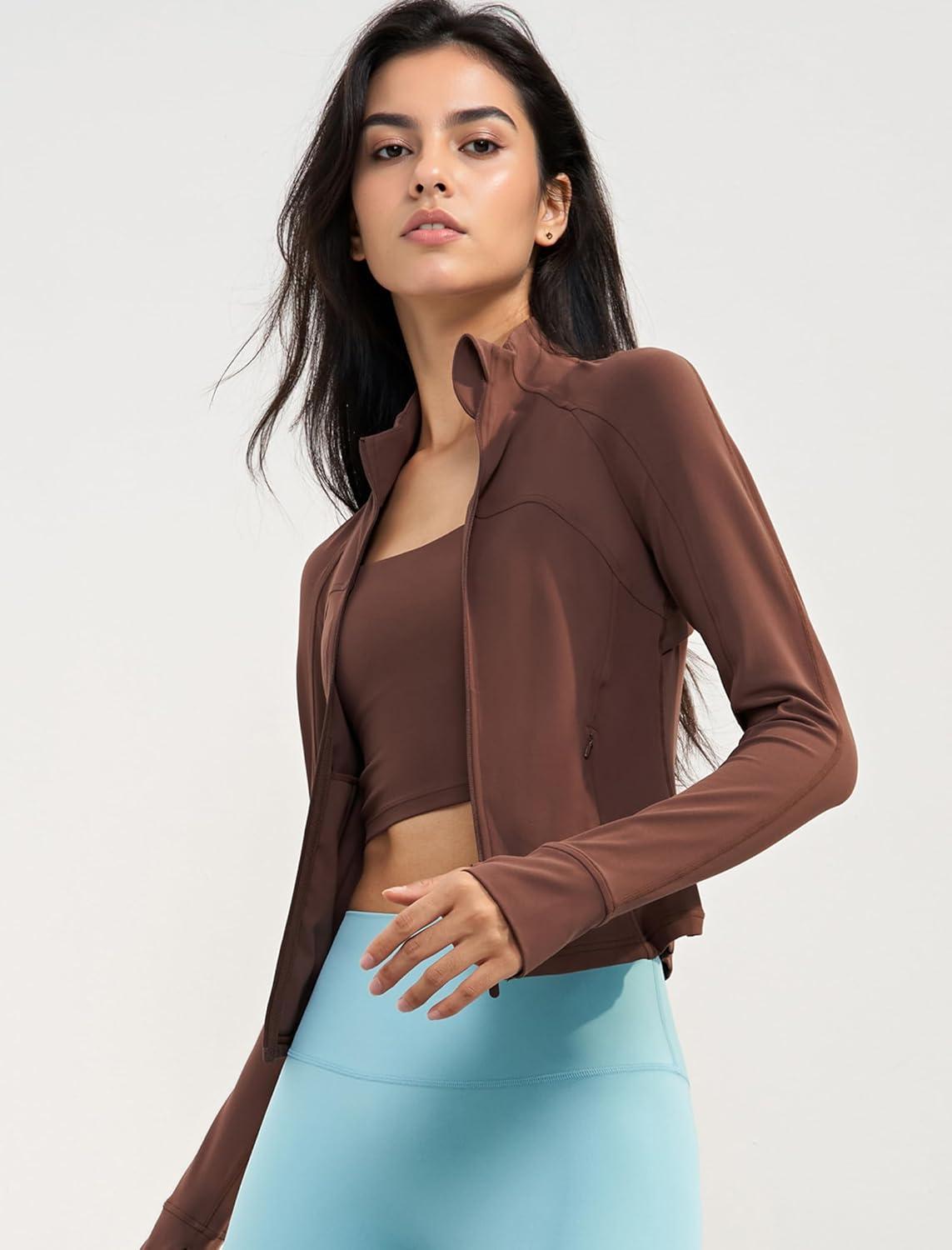 Yvette Women’s Athletic Full Zip Lightweight Workout Jackets with Thumb Holes Gym Shirts Running Clothes with Pocket(Brown)