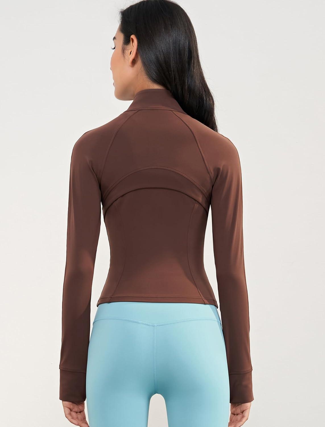 Yvette Women’s Athletic Full Zip Lightweight Workout Jackets with Thumb Holes Gym Shirts Running Clothes with Pocket(Brown)