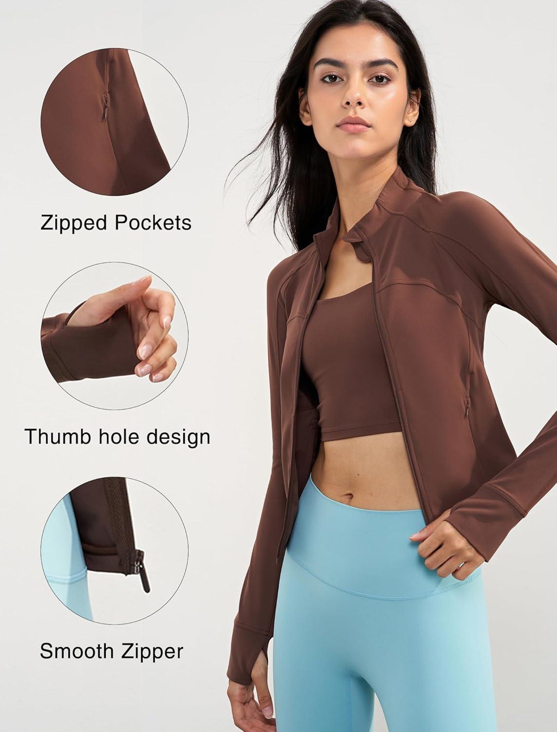 Yvette Women’s Athletic Full Zip Lightweight Workout Jackets with Thumb Holes Gym Shirts Running Clothes with Pocket(Brown)
