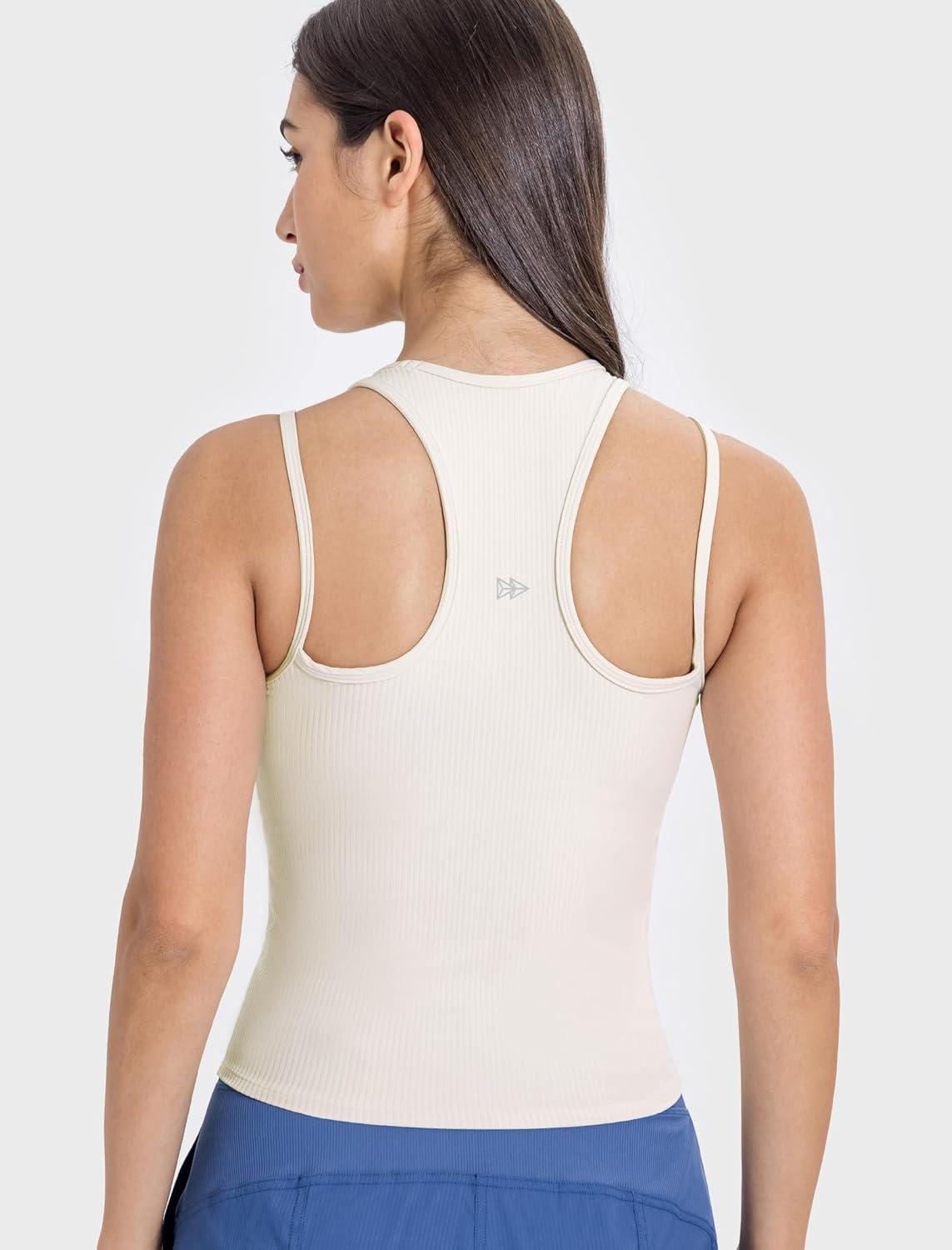 Yvette Racerback Crop Top with Removable Built in Bra Thin Straps Sports Bra for Women(Off-white)