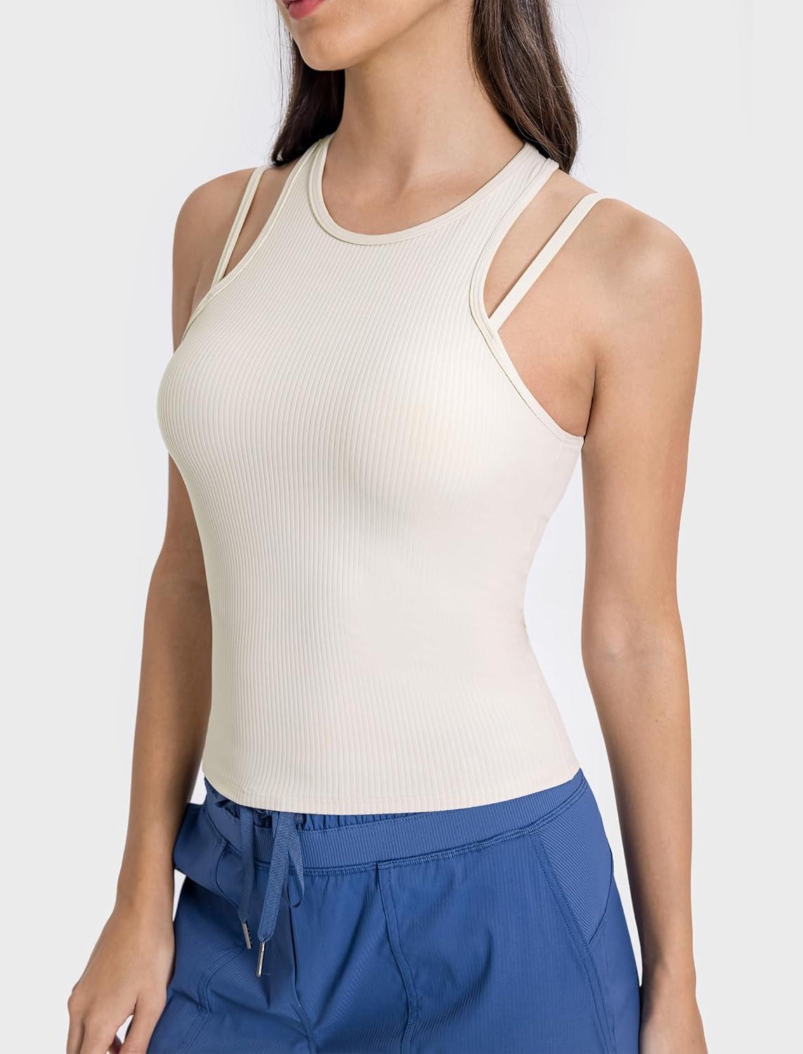 Yvette Racerback Crop Top with Removable Built in Bra Thin Straps Sports Bra for Women(Off-white)