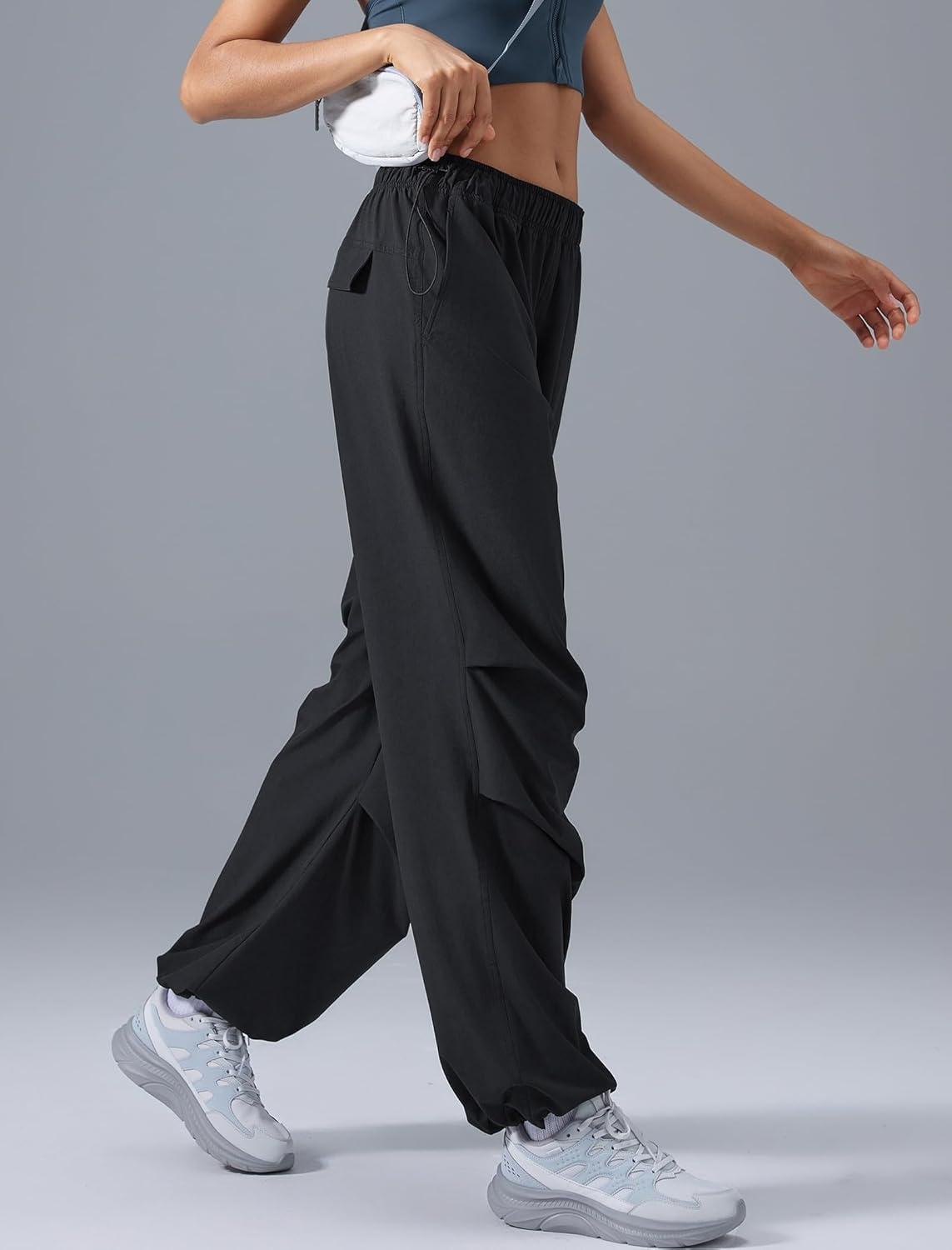 Yvette Women’s Joggers Parachute Pants Athletic Running Quick Dry Sweatpants with Pockets(Black)