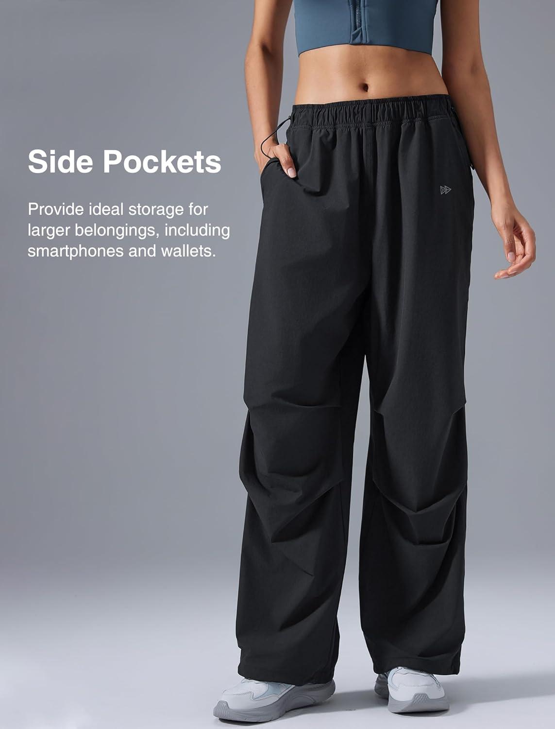 Yvette Women’s Joggers Parachute Pants Athletic Running Quick Dry Sweatpants with Pockets(Black)