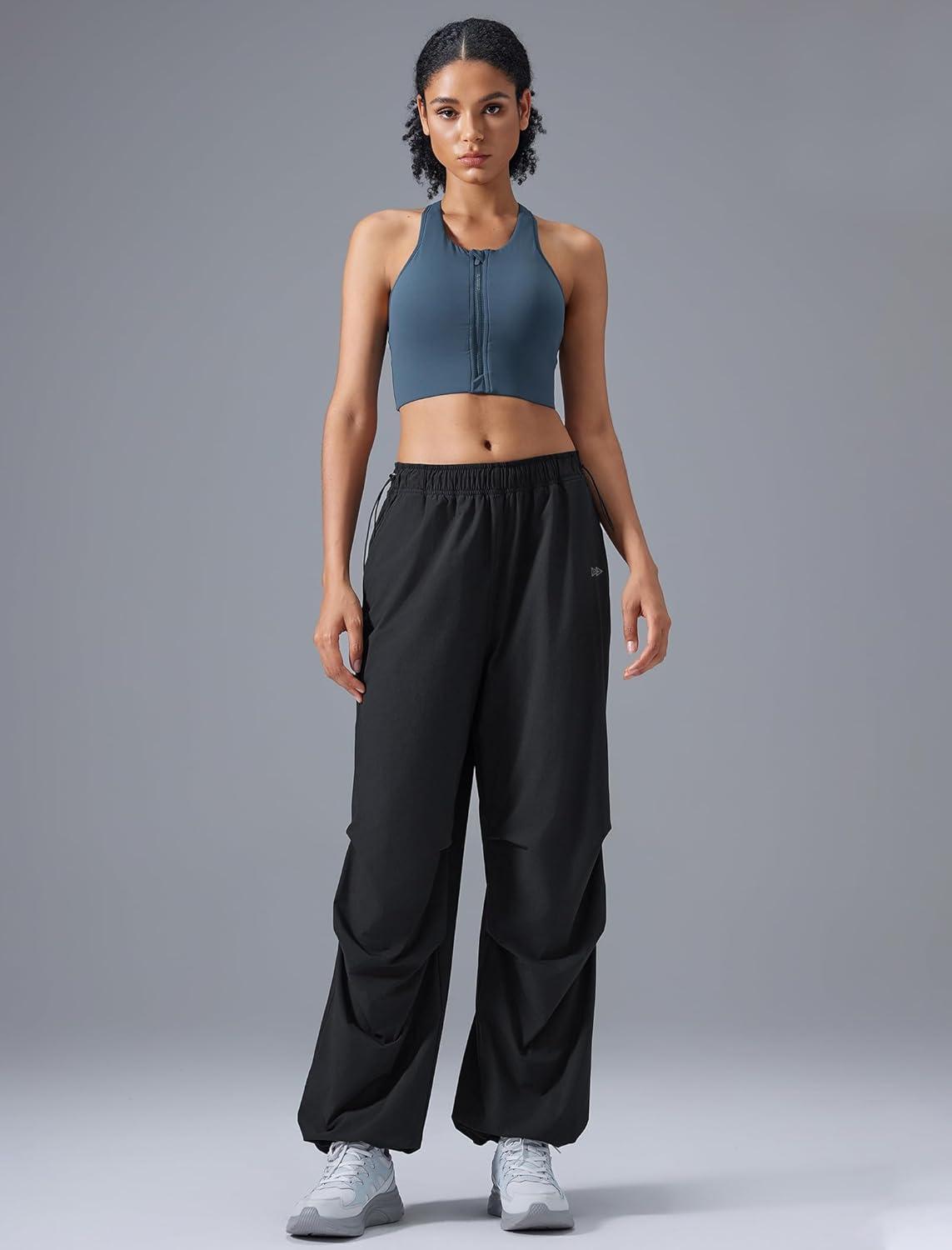 Yvette Women’s Joggers Parachute Pants Athletic Running Quick Dry Sweatpants with Pockets(Black)