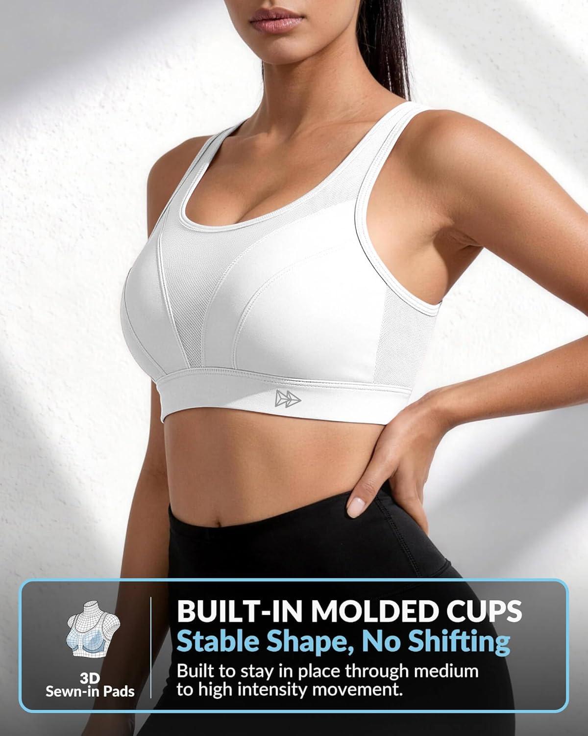 Yvette High Impact Sports Bra for Women, Adjustable Workout Soft Support Bra for Running Yoga, Pilates, Lounge & Gym(White)