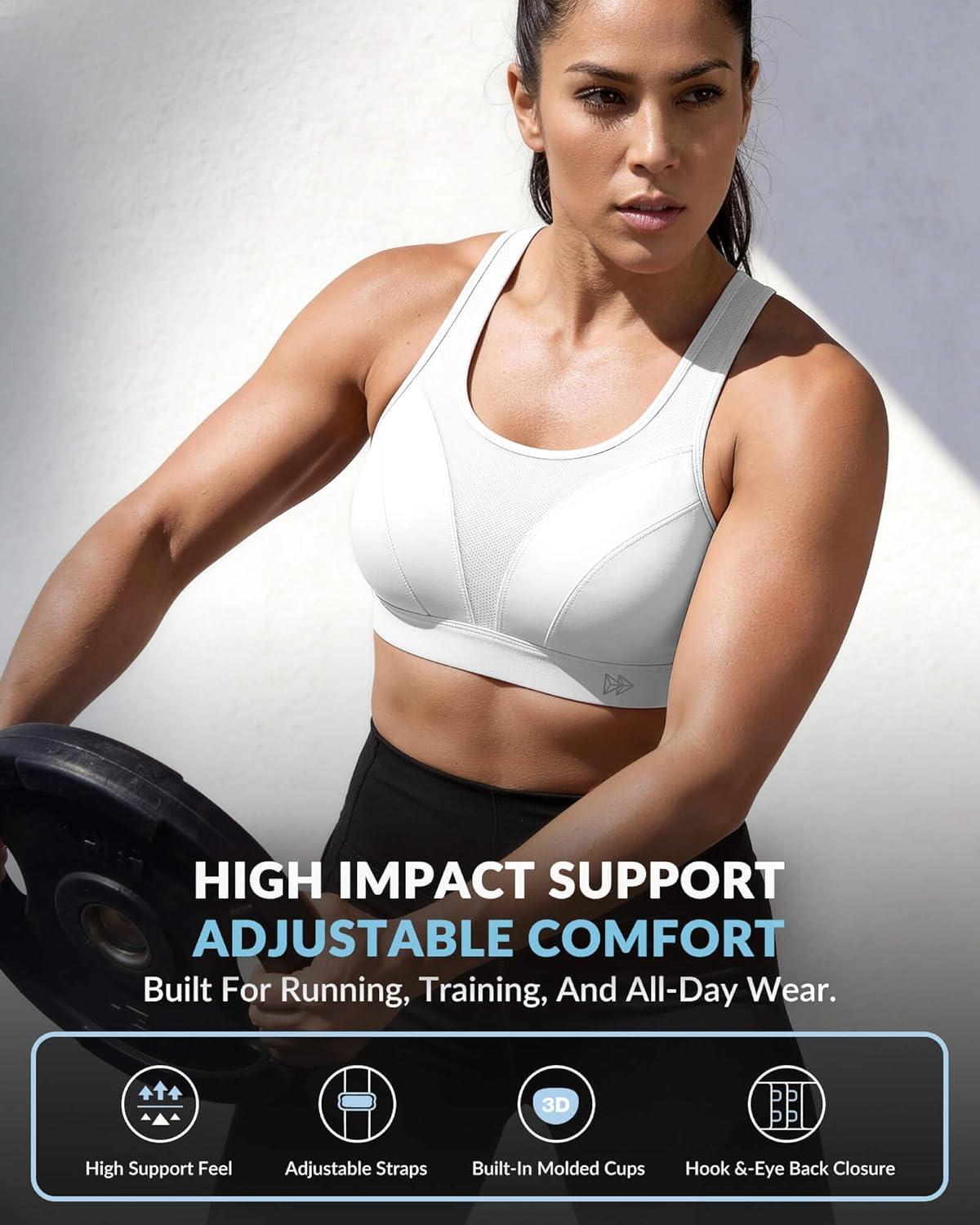 Yvette High Impact Sports Bra for Women, Adjustable Workout Soft Support Bra for Running Yoga, Pilates, Lounge & Gym(White)