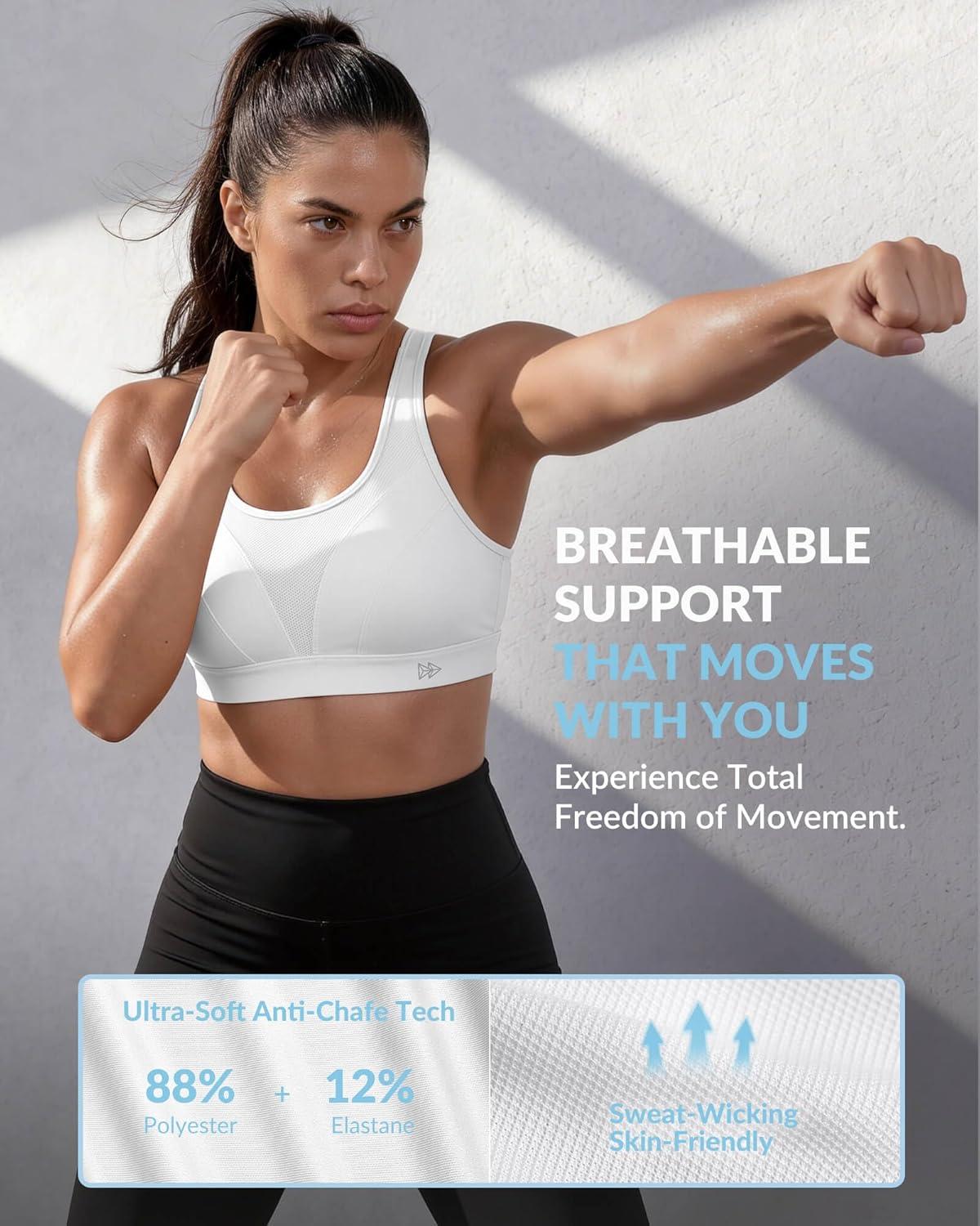 Yvette High Impact Sports Bra for Women, Adjustable Workout Soft Support Bra for Running Yoga, Pilates, Lounge & Gym(White)
