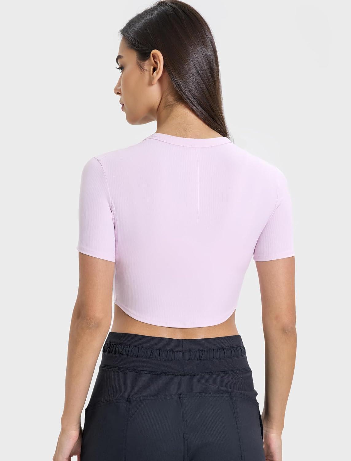 Yvette Womens Cropped Top Short Sleeve Breathable T-Shirts Athletic Yoga Tee Tops(Light Pink)