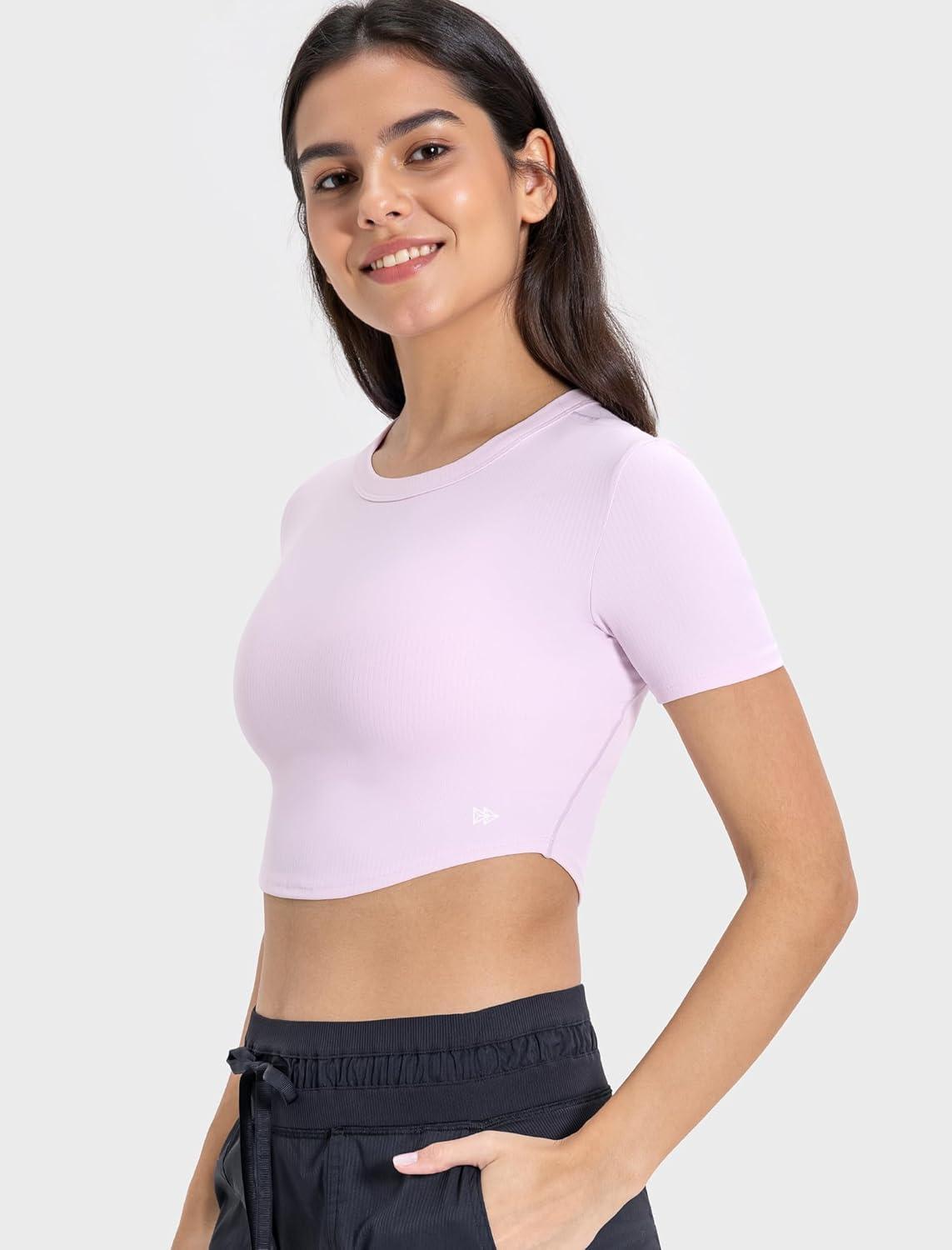 Yvette Womens Cropped Top Short Sleeve Breathable T-Shirts Athletic Yoga Tee Tops(Light Pink)