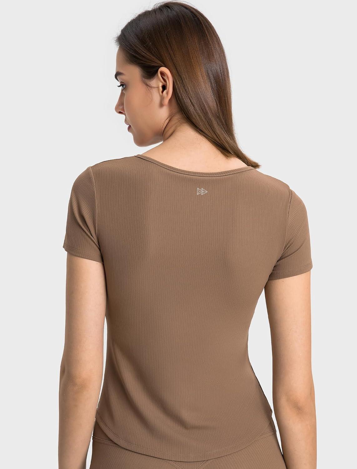 Yvette Tank Top Built in Bra for Women Slim Fitted Casual Short Sleeve Ruched Athletic Shirts for Gym Yoga Running(Brown)