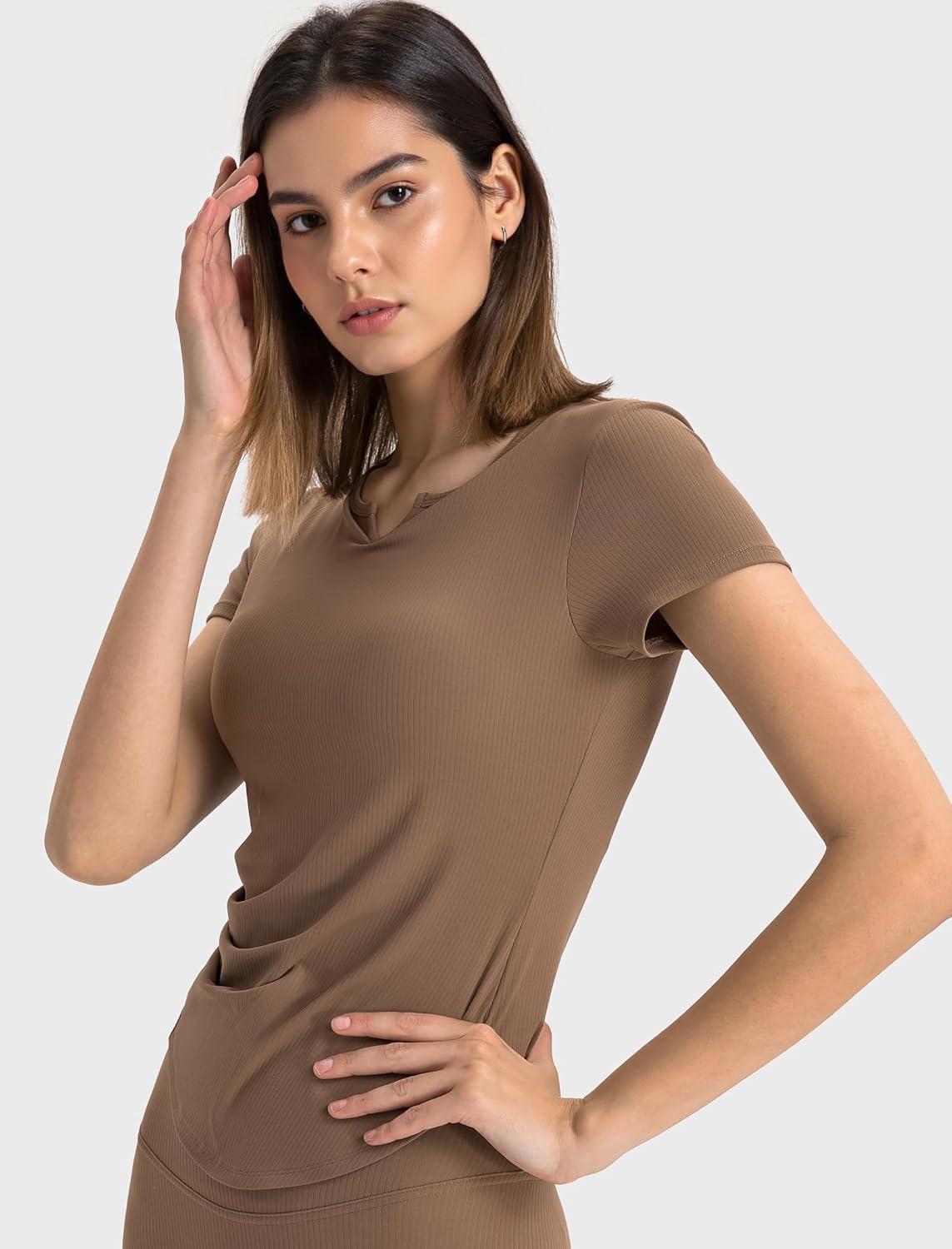Yvette Tank Top Built in Bra for Women Slim Fitted Casual Short Sleeve Ruched Athletic Shirts for Gym Yoga Running(Brown)