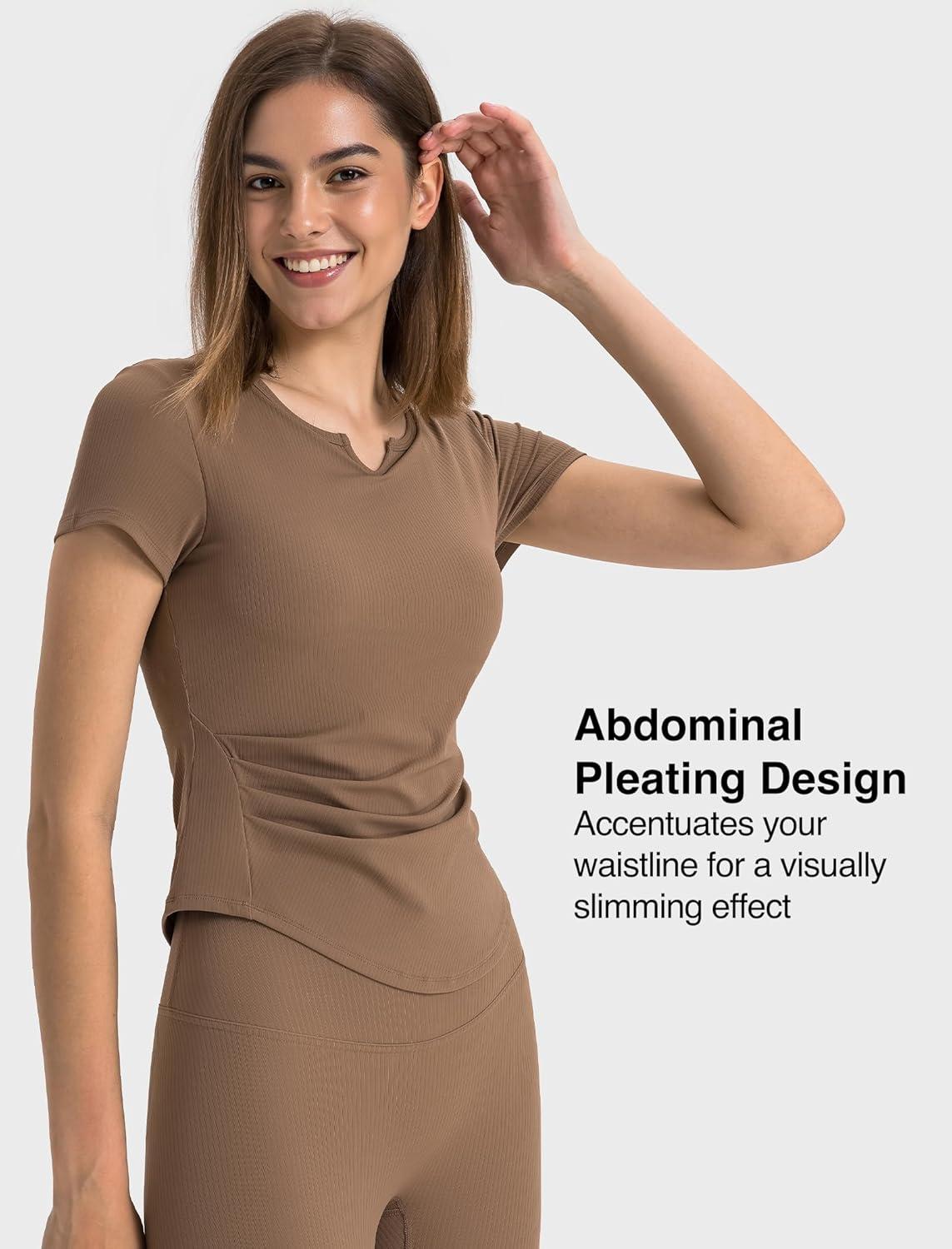 Yvette Tank Top Built in Bra for Women Slim Fitted Casual Short Sleeve Ruched Athletic Shirts for Gym Yoga Running(Brown)