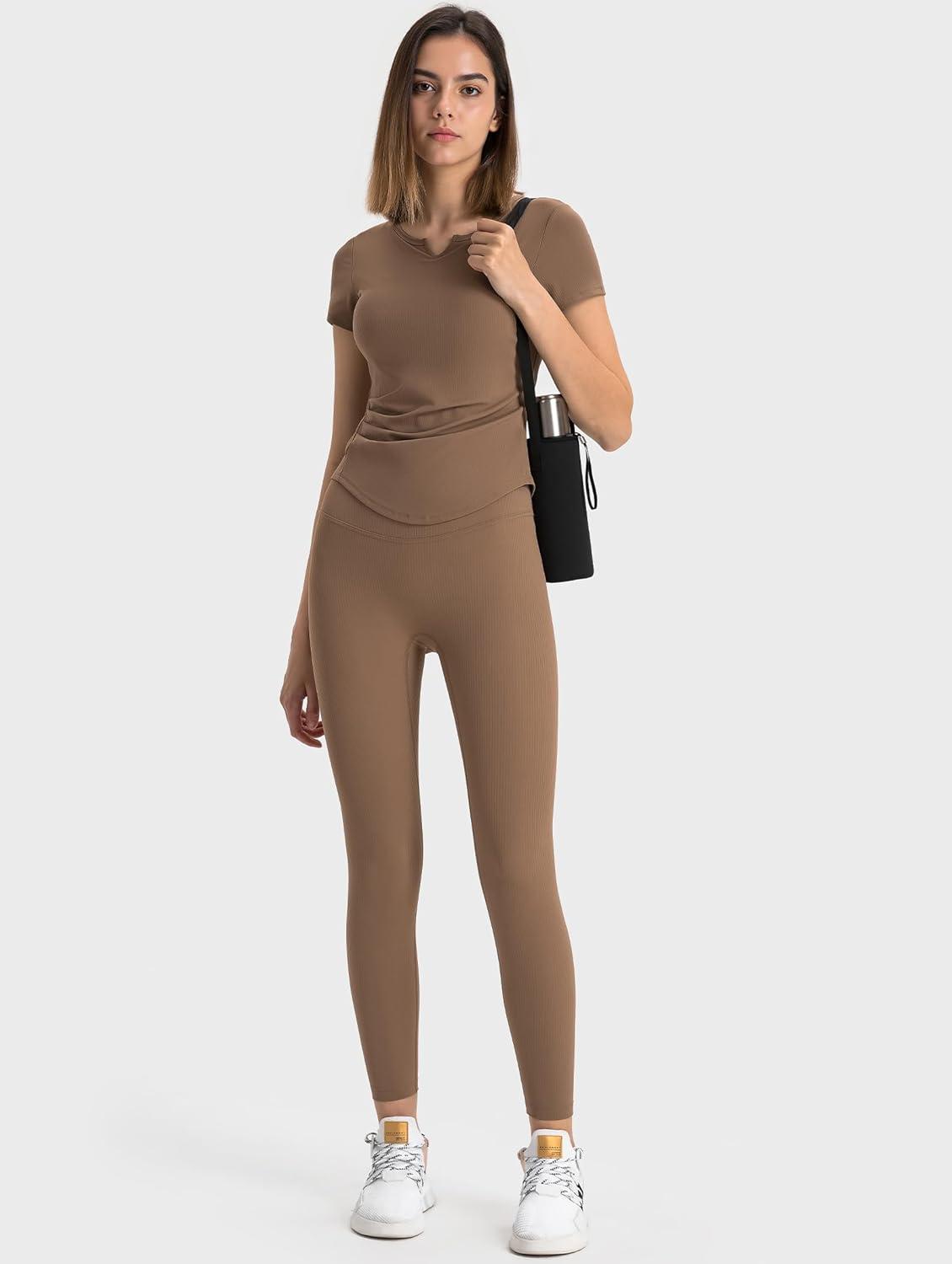 Yvette Tank Top Built in Bra for Women Slim Fitted Casual Short Sleeve Ruched Athletic Shirts for Gym Yoga Running(Brown)