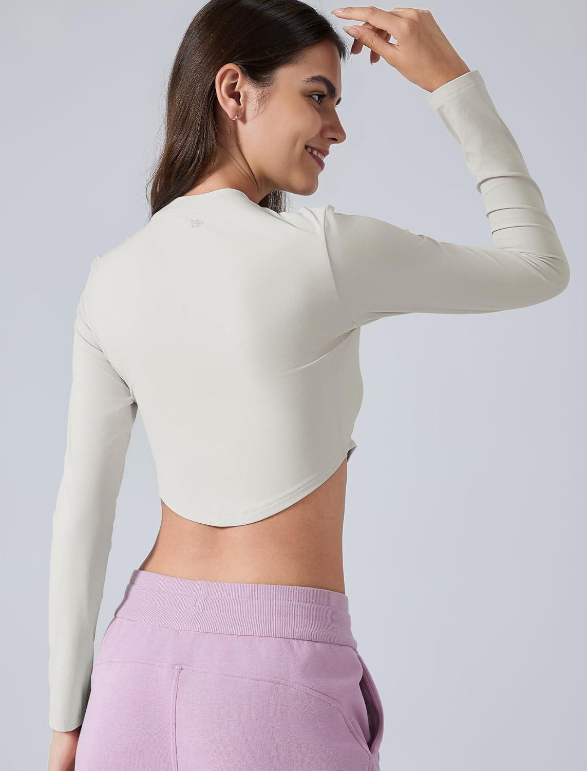 Yvette Women’s Workout Athletic T-Shirts Long Sleeve Running Basic Tee Top Gym Casual Cropped Shirts(Off-white)