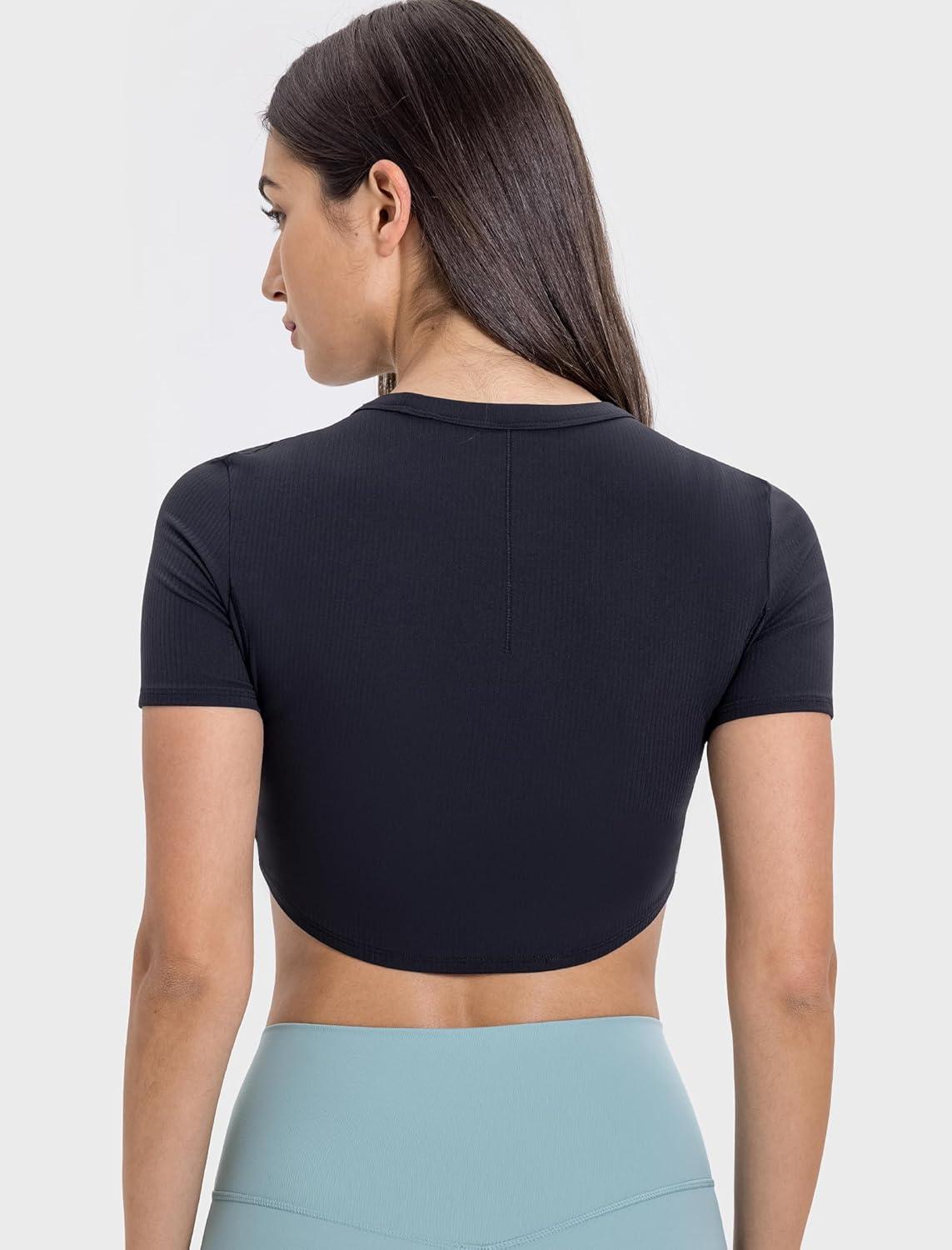 Yvette Womens Cropped Top Short Sleeve Breathable T-Shirts Athletic Yoga Tee Tops(Black)