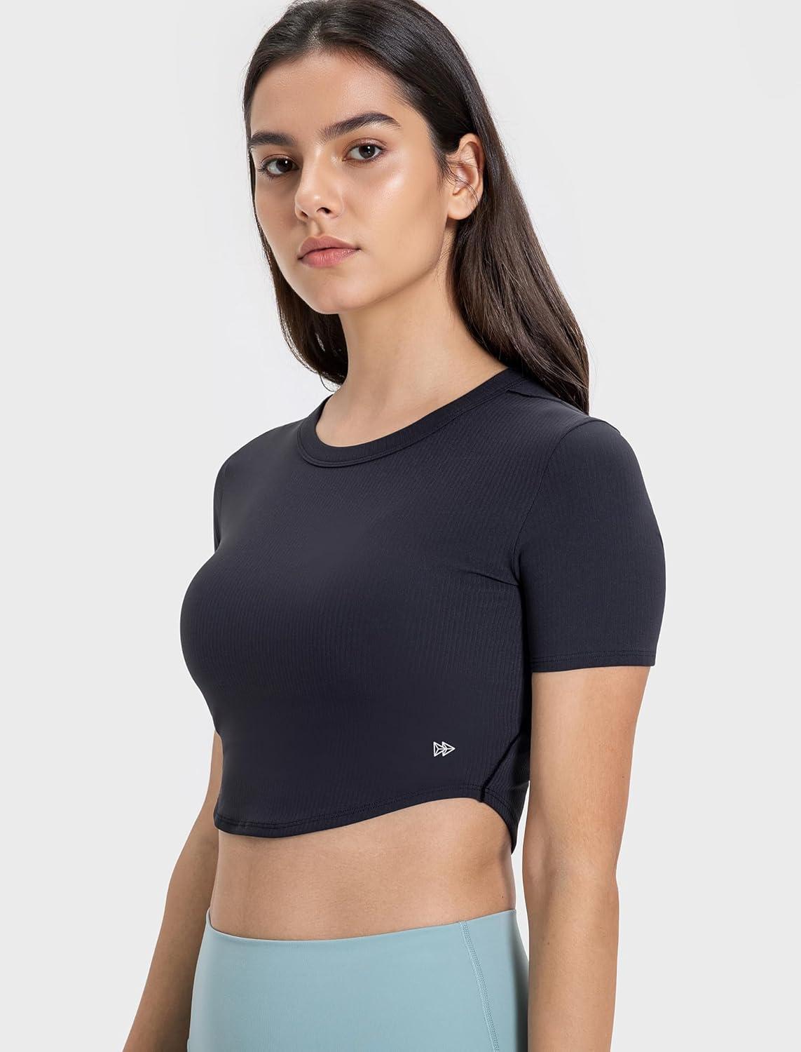Yvette Womens Cropped Top Short Sleeve Breathable T-Shirts Athletic Yoga Tee Tops(Black)