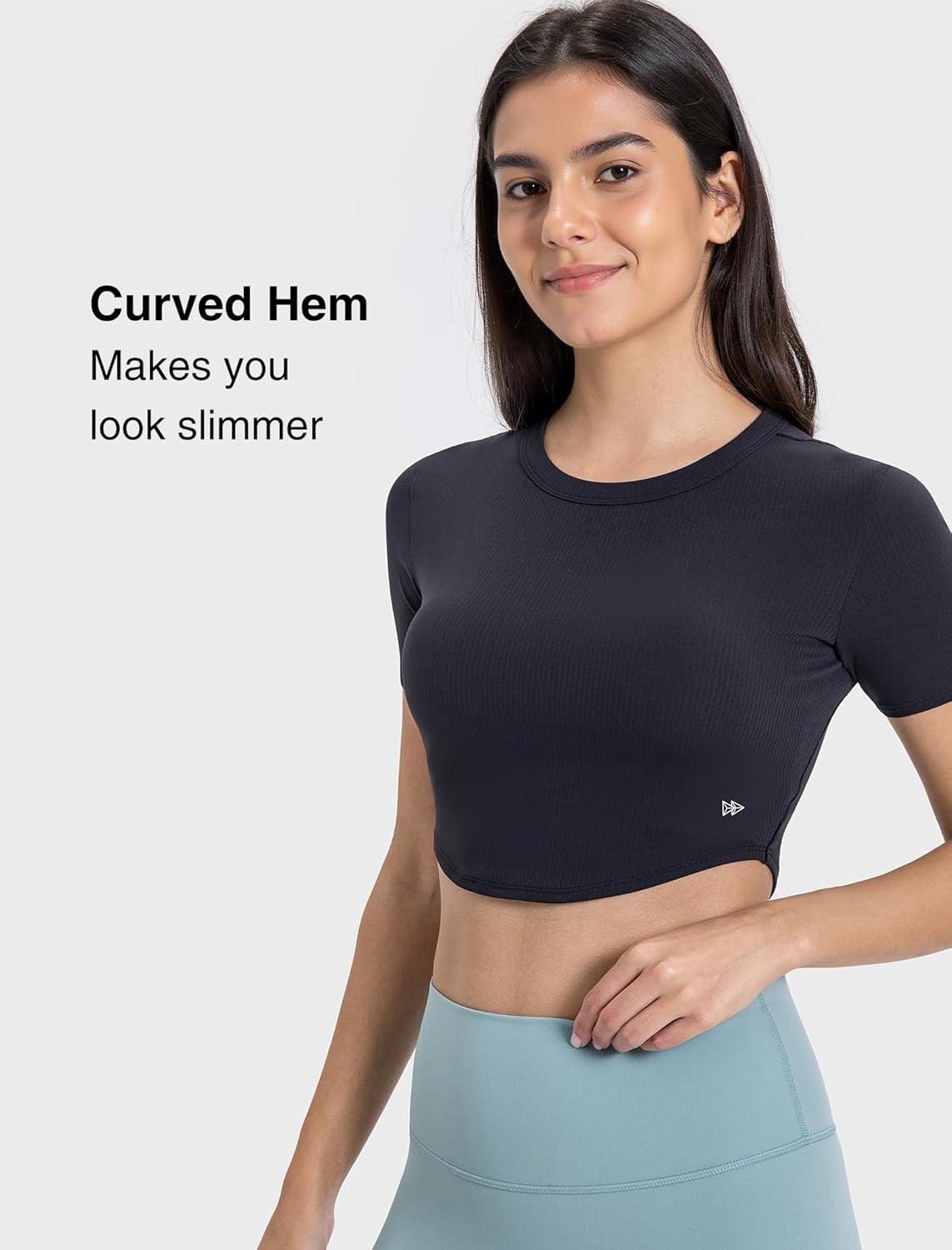 Yvette Womens Cropped Top Short Sleeve Breathable T-Shirts Athletic Yoga Tee Tops(Black)