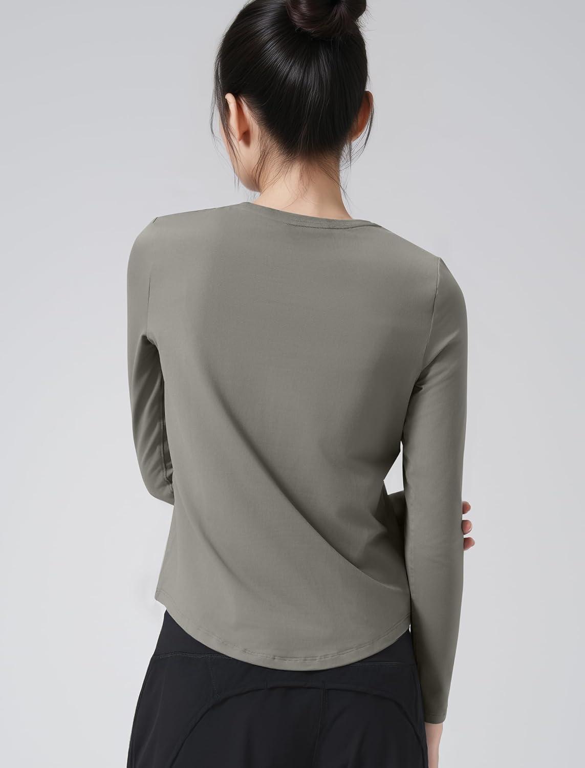 Yvette Women’s Long Sleeve Athletic T-Shirts Workout Running Basic Tee Tank Top Gym Casual Shirts(Grey Khaki)
