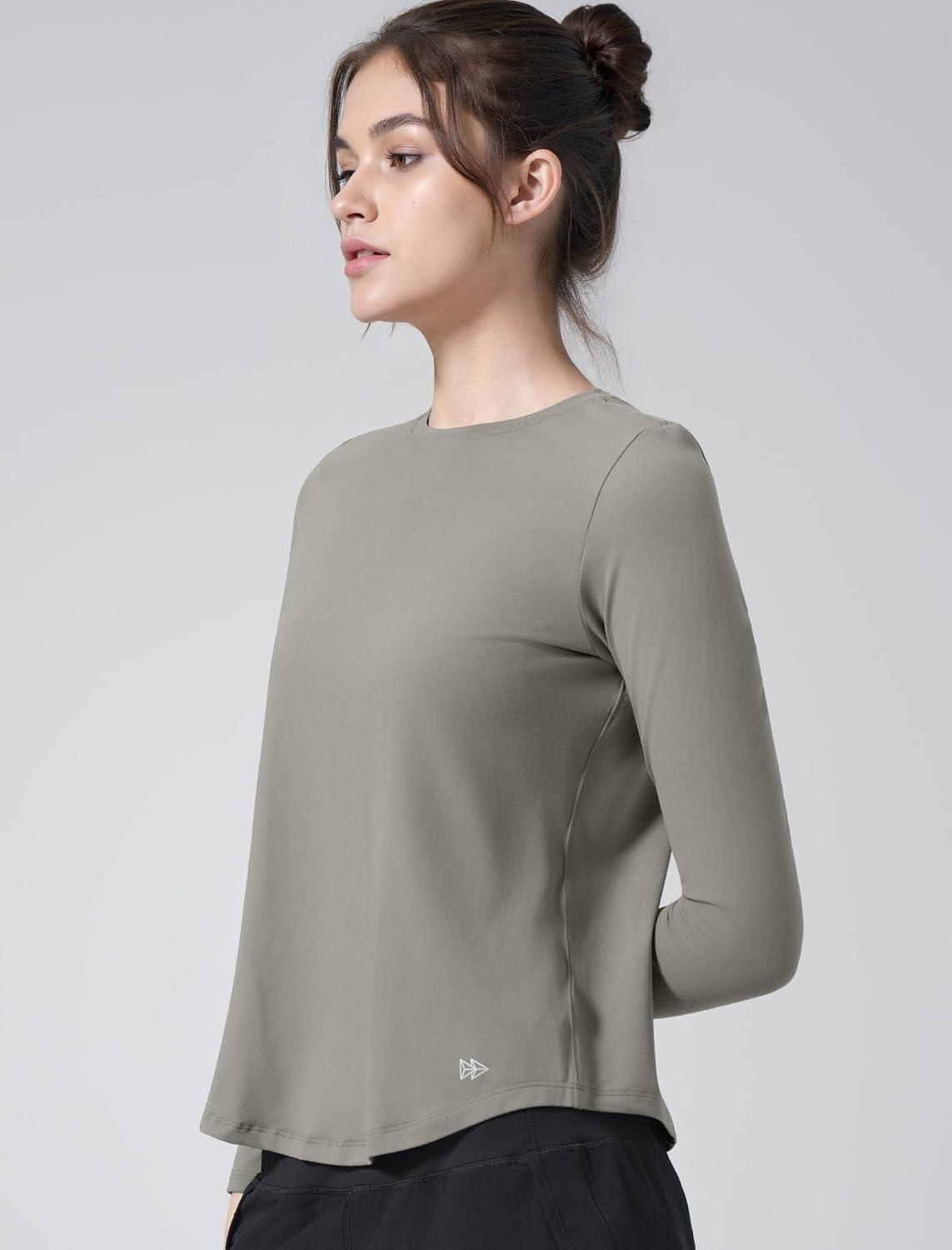 Yvette Women’s Long Sleeve Athletic T-Shirts Workout Running Basic Tee Tank Top Gym Casual Shirts(Grey Khaki)