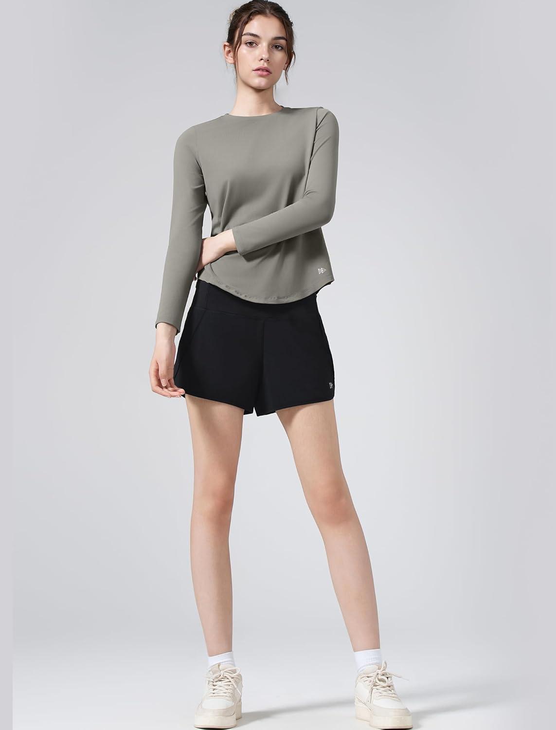 Yvette Women’s Long Sleeve Athletic T-Shirts Workout Running Basic Tee Tank Top Gym Casual Shirts(Grey Khaki)