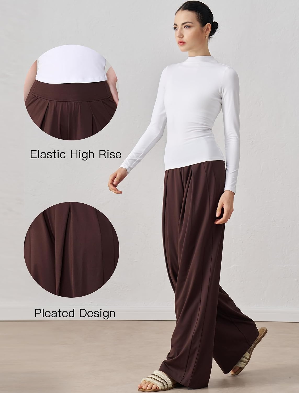 Yvette High Waisted Wide Leg Pants for Women Lightweight Casual Athletic Pants Loose Fit Lounge Travel Work(Brown)