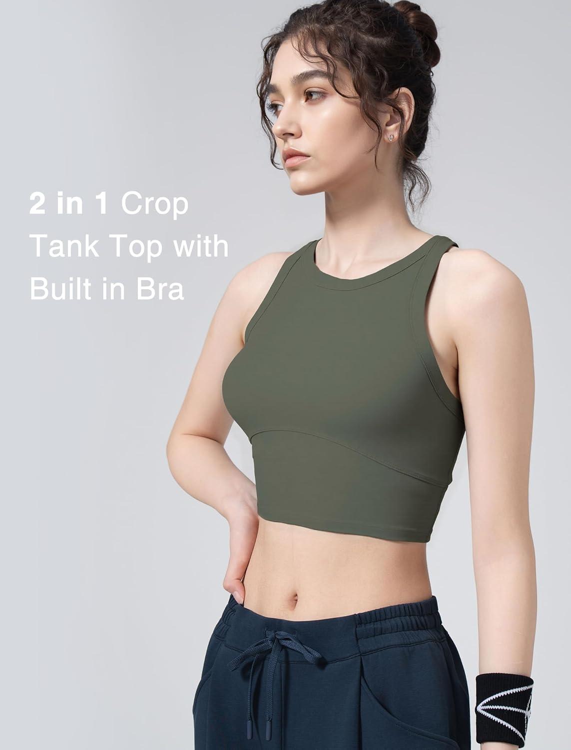 Yvette Longline High Neck Sports Bras for Women Racerback Padded Crop Tank Top with Built in Bra Workout Yoga(Green)