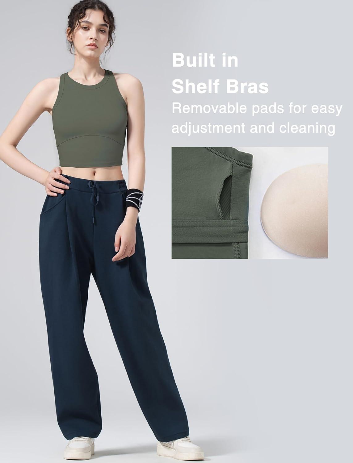 Yvette Longline High Neck Sports Bras for Women Racerback Padded Crop Tank Top with Built in Bra Workout Yoga(Green)