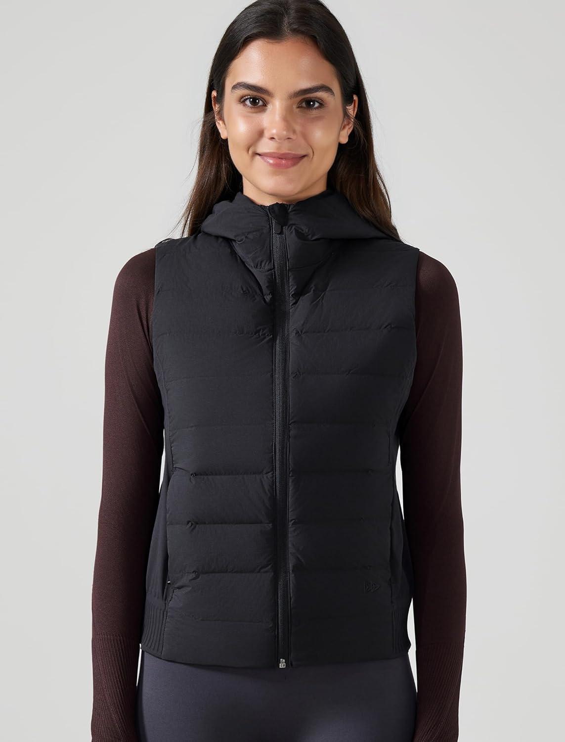 Yvette Women’s Hooded Lightweight Warm Windproof Zip Up Sleeveless Jacket for Hiking Golf Running(Black)