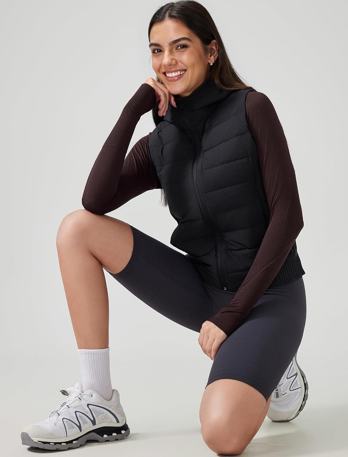 Yvette Women’s Hooded Lightweight Warm Windproof Zip Up Sleeveless Jacket for Hiking Golf Running(Black)