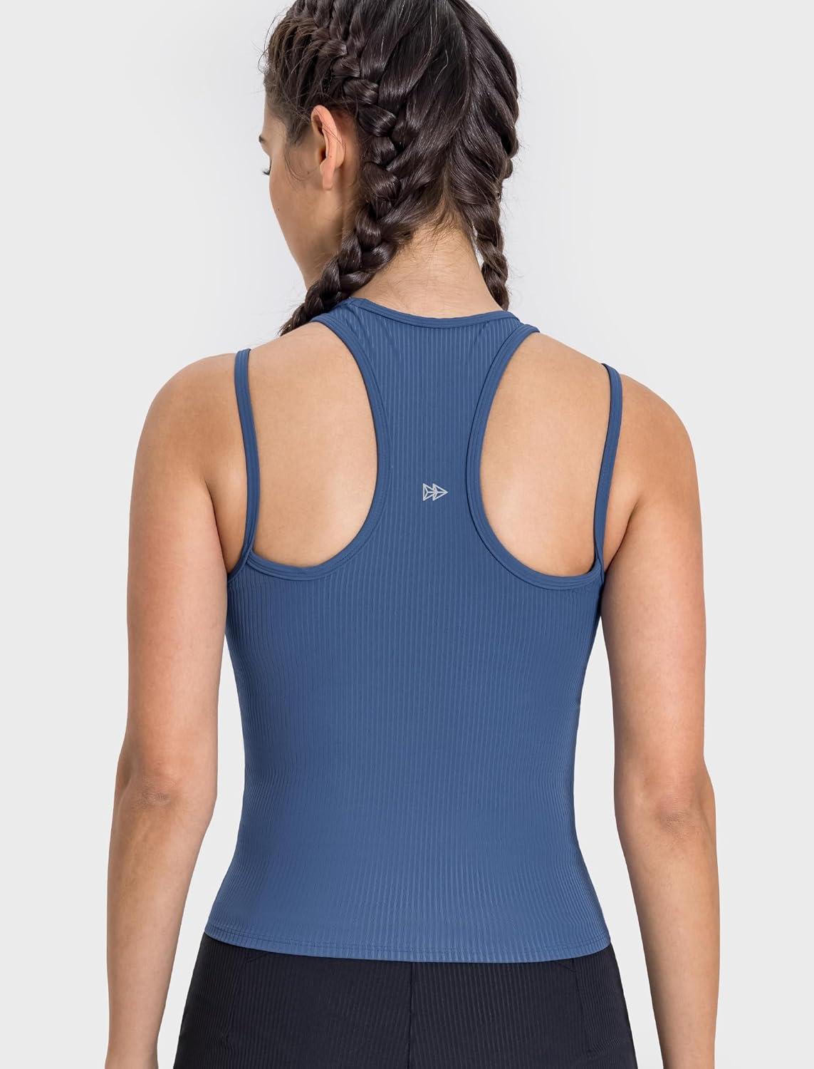 Yvette Racerback Crop Top with Removable Built in Bra Thin Straps Sports Bra for Women(Blue)