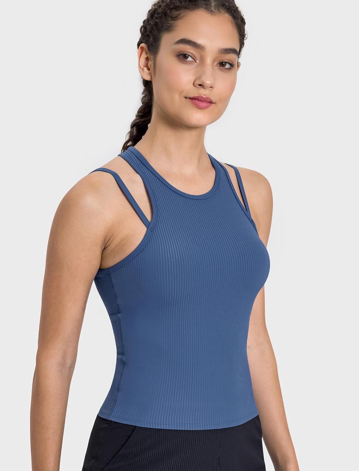 Yvette Racerback Crop Top with Removable Built in Bra Thin Straps Sports Bra for Women(Blue)