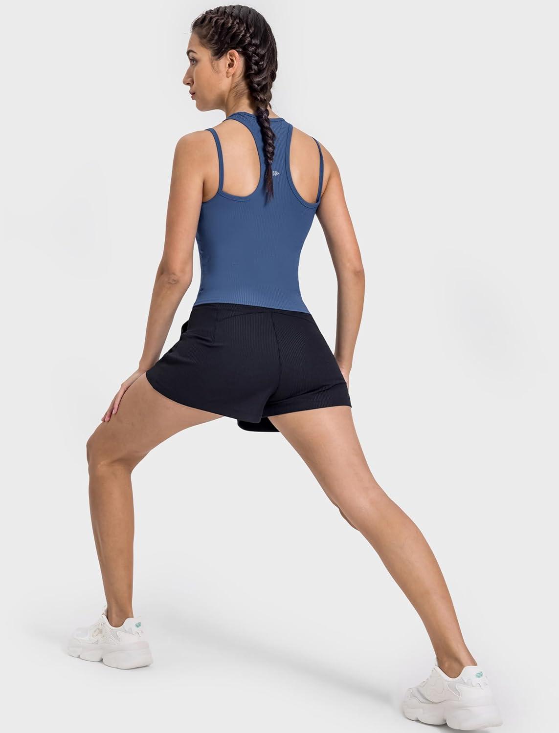 Yvette Racerback Crop Top with Removable Built in Bra Thin Straps Sports Bra for Women(Blue)