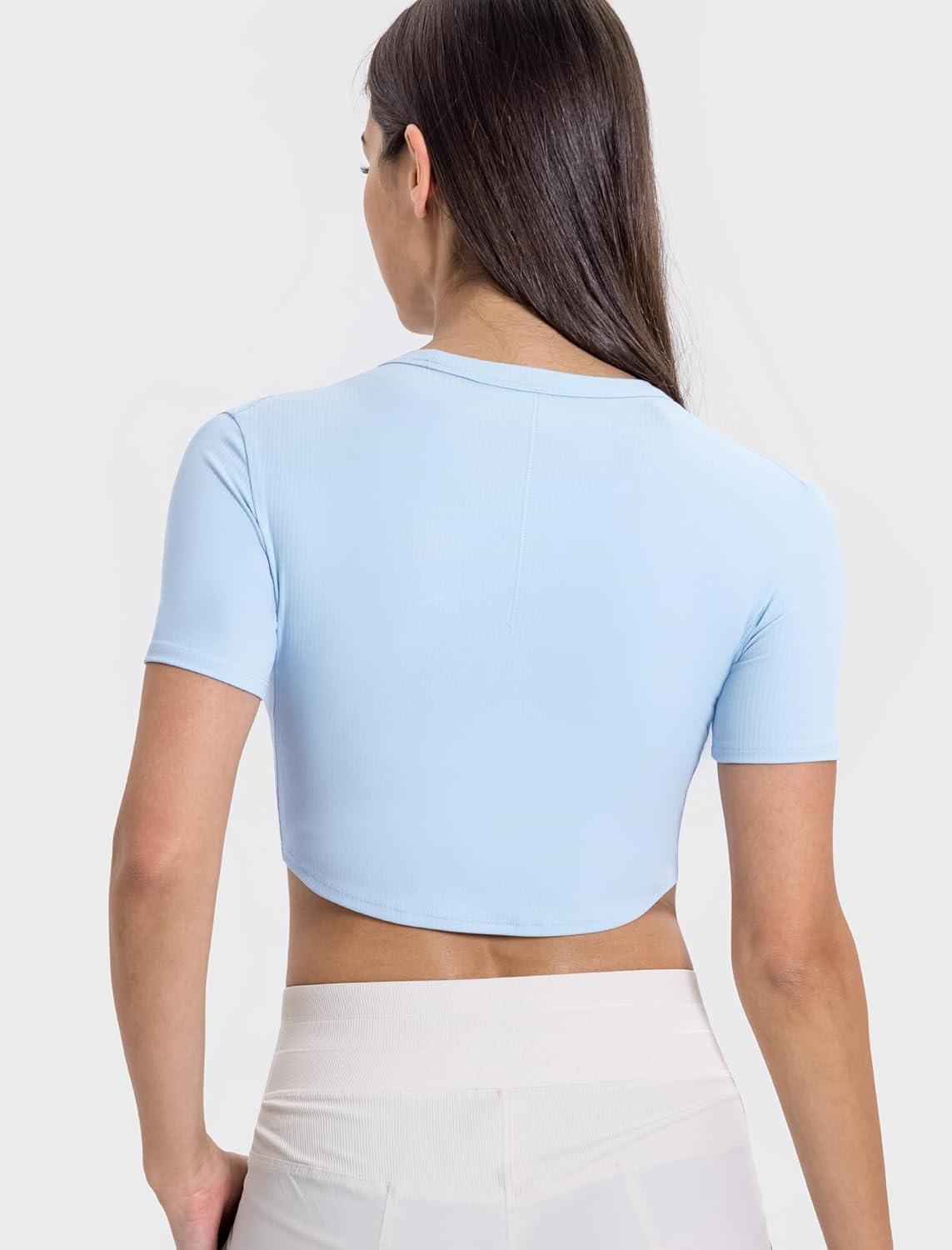 Yvette Womens Cropped Top Short Sleeve Breathable T-Shirts Athletic Yoga Tee Tops(Blue)