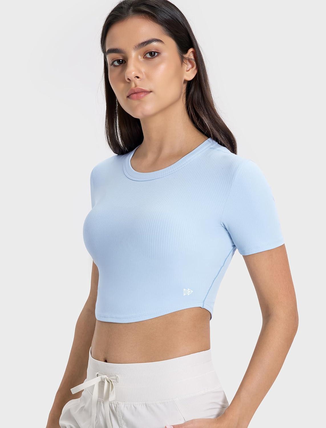 Yvette Womens Cropped Top Short Sleeve Breathable T-Shirts Athletic Yoga Tee Tops(Blue)