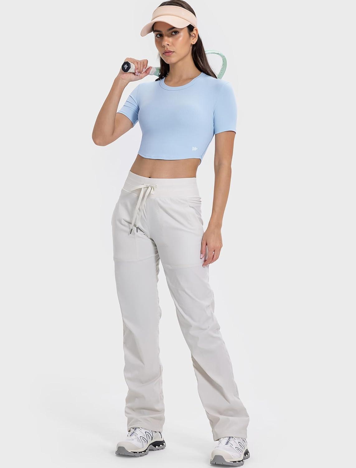 Yvette Womens Cropped Top Short Sleeve Breathable T-Shirts Athletic Yoga Tee Tops(Blue)