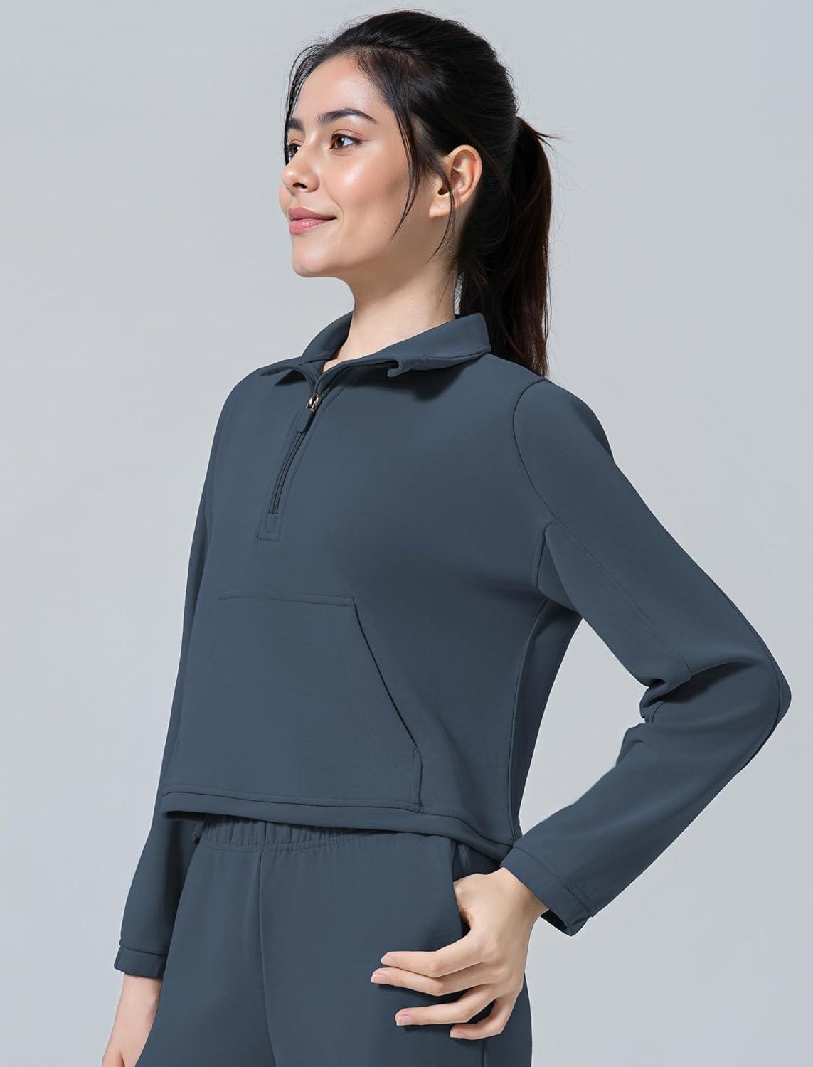 Yvette Womens’ Half Zip Pullover Stand Collar Cropped Workout Sweatshirt with Pockets Long Sleeve Shirts Clothes(Blue)