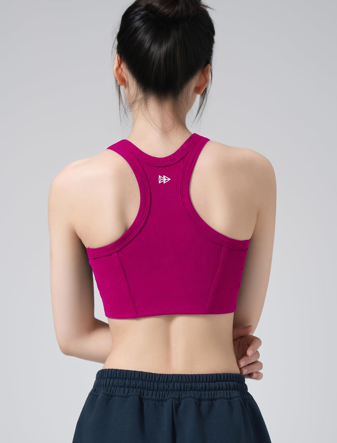 Yvette Sports Bras for Women Ribbed High Neck Racerback Tops(Rose Red)