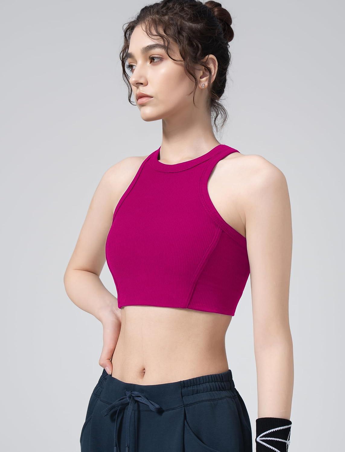 Yvette Sports Bras for Women Ribbed High Neck Racerback Tops(Rose Red)