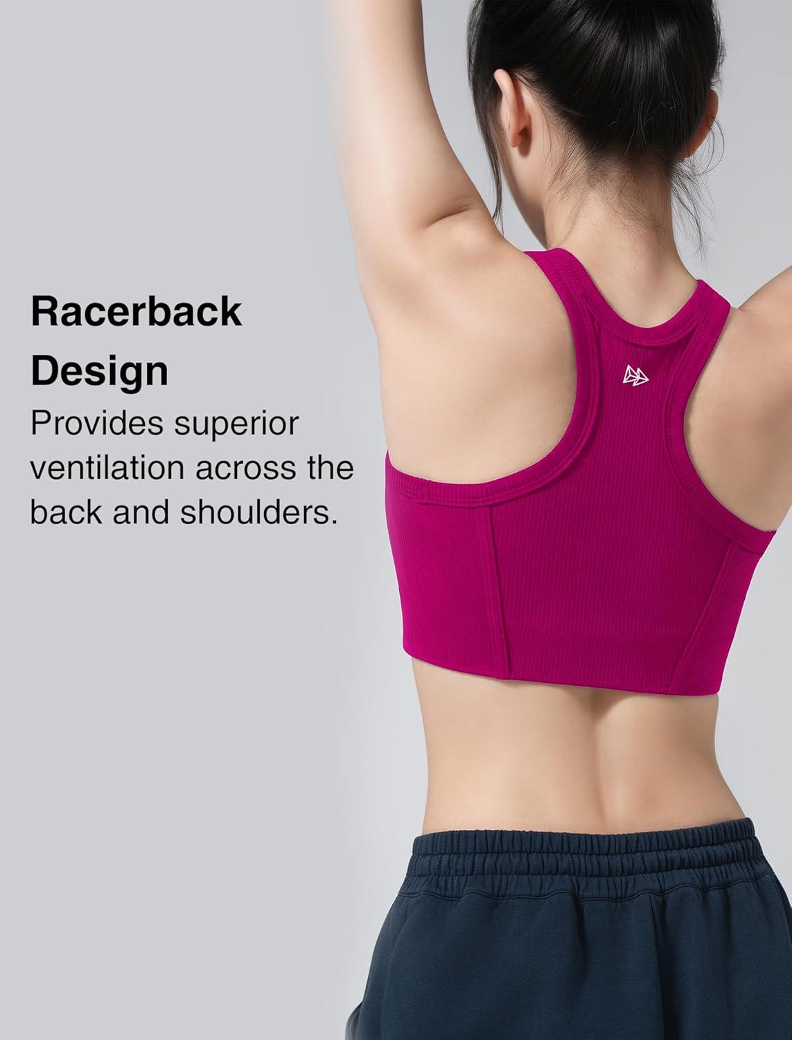 Yvette Sports Bras for Women Ribbed High Neck Racerback Tops(Rose Red)