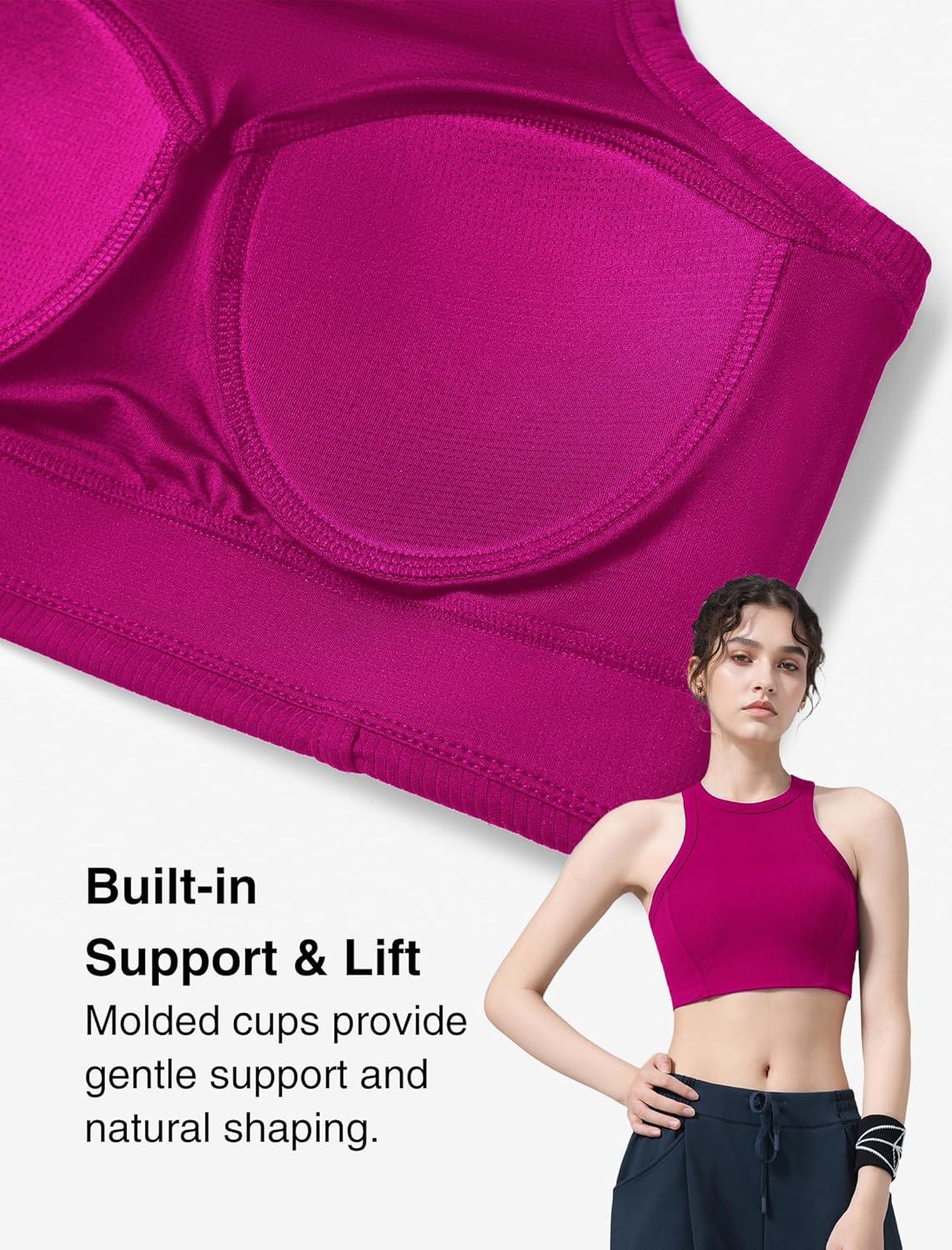 Yvette Sports Bras for Women Ribbed High Neck Racerback Tops(Rose Red)
