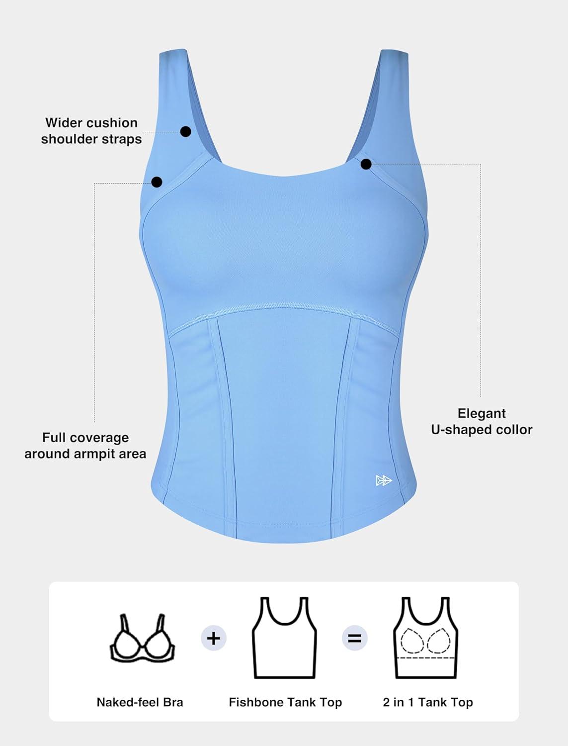 Yvette Athletic Tank Tops for Women Built in Bra Workout Yoga Padded Basic Cami Shirts Gym Tennis Pickleball(Blue)