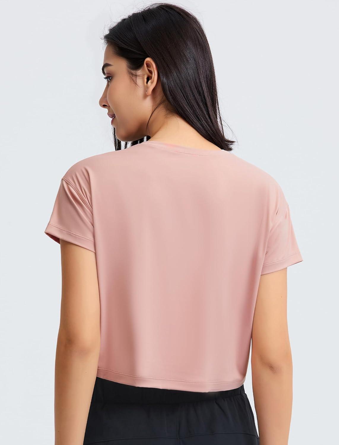 Yvette Workout Crop Tops for Women Loose Fit Short Sleeve Shirts Breathable Athletic Gym Yoga Casual Cropped T-Shirts(Dark Pink)