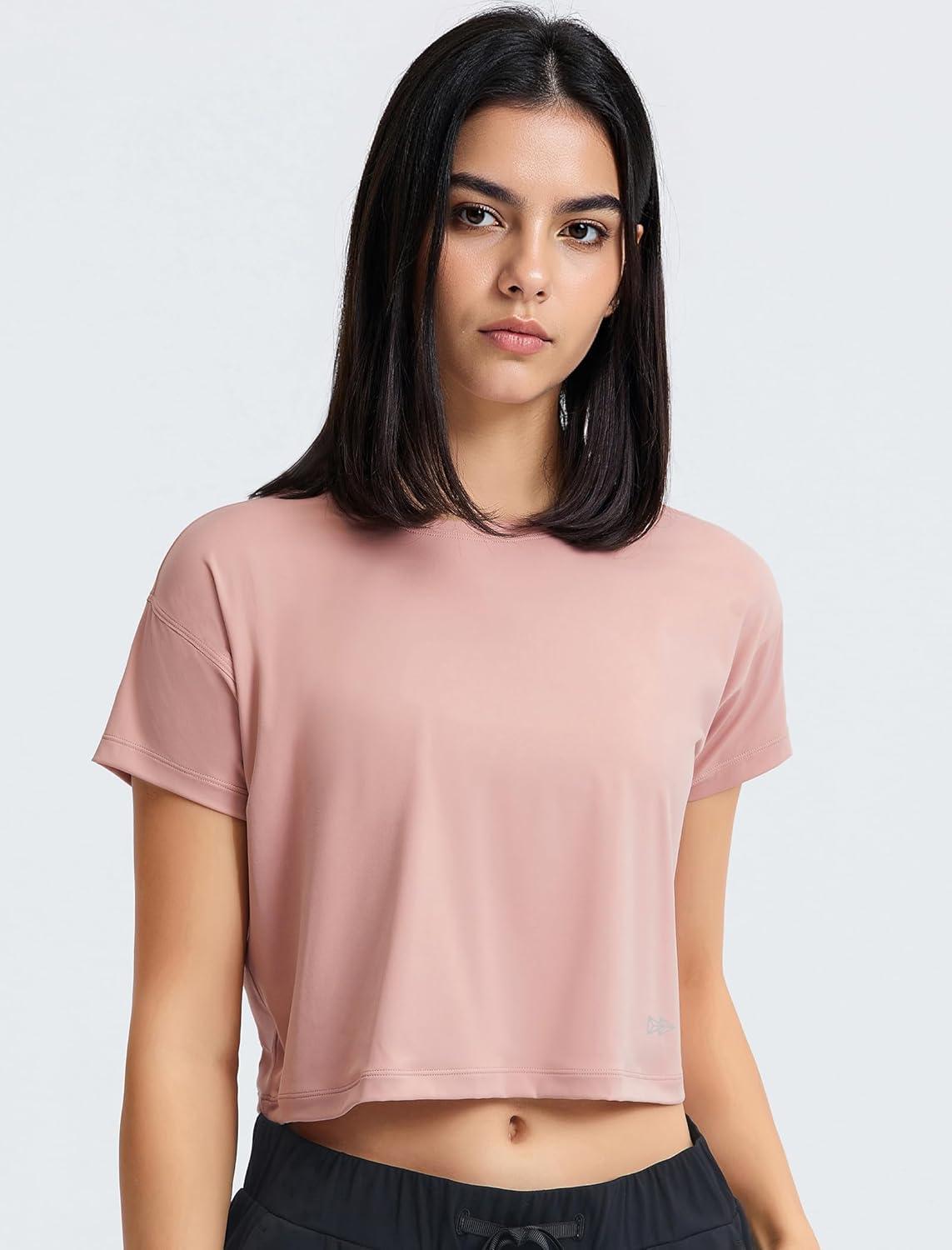 Yvette Workout Crop Tops for Women Loose Fit Short Sleeve Shirts Breathable Athletic Gym Yoga Casual Cropped T-Shirts(Dark Pink)
