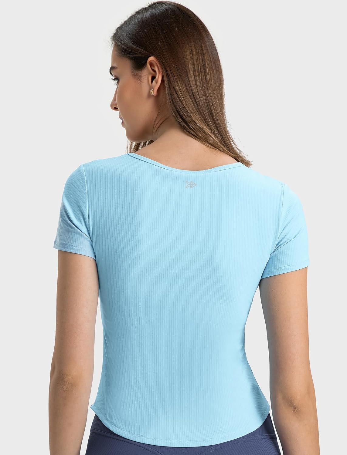Yvette Tank Top Built in Bra for Women Slim Fitted Casual Short Sleeve Ruched Athletic Shirts for Gym Yoga Running(Blue)