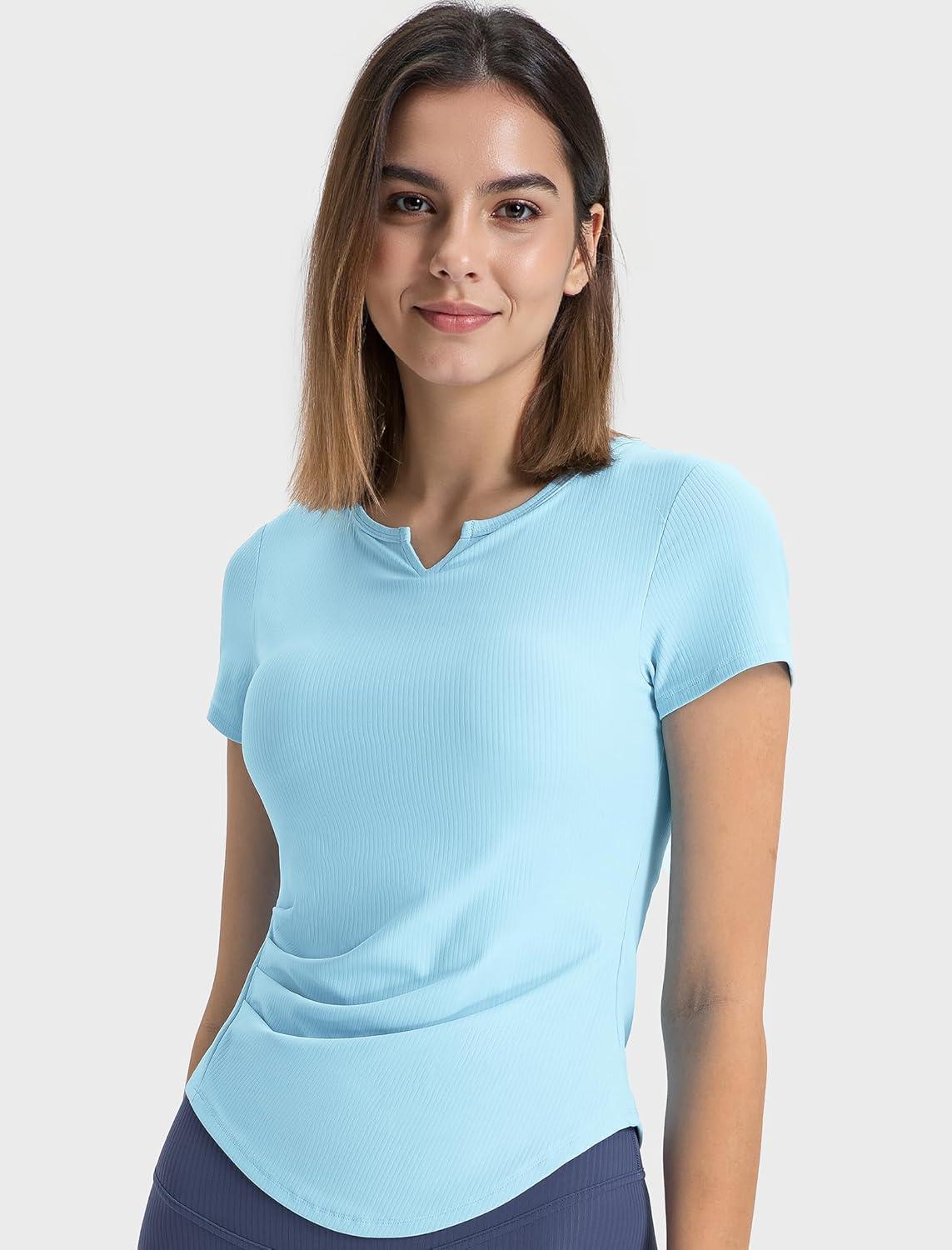 Yvette Tank Top Built in Bra for Women Slim Fitted Casual Short Sleeve Ruched Athletic Shirts for Gym Yoga Running(Blue)