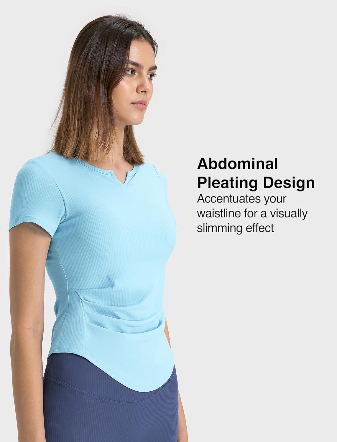 Yvette Tank Top Built in Bra for Women Slim Fitted Casual Short Sleeve Ruched Athletic Shirts for Gym Yoga Running(Blue)