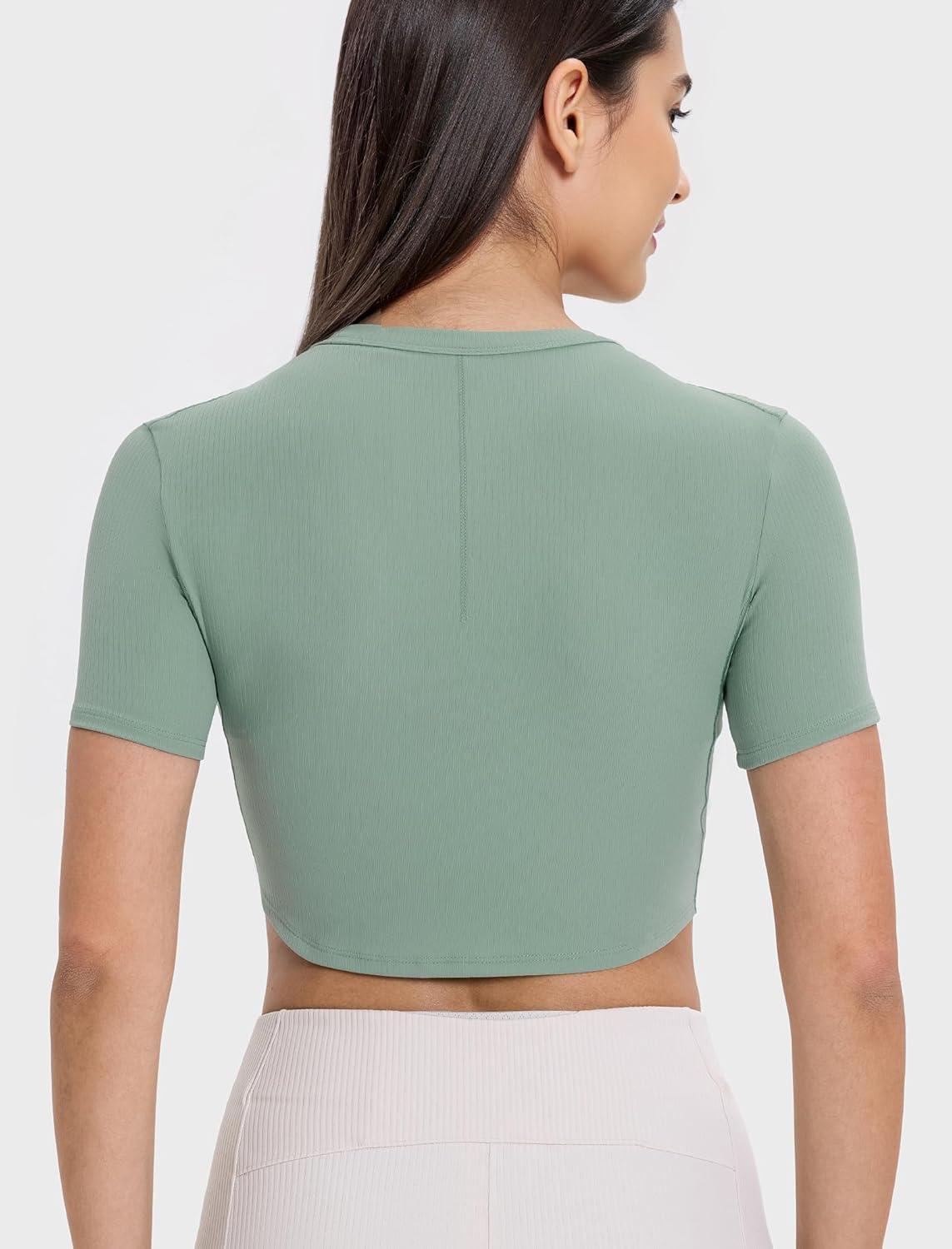 Yvette Womens Cropped Top Short Sleeve Breathable T-Shirts Athletic Yoga Tee Tops(Green)