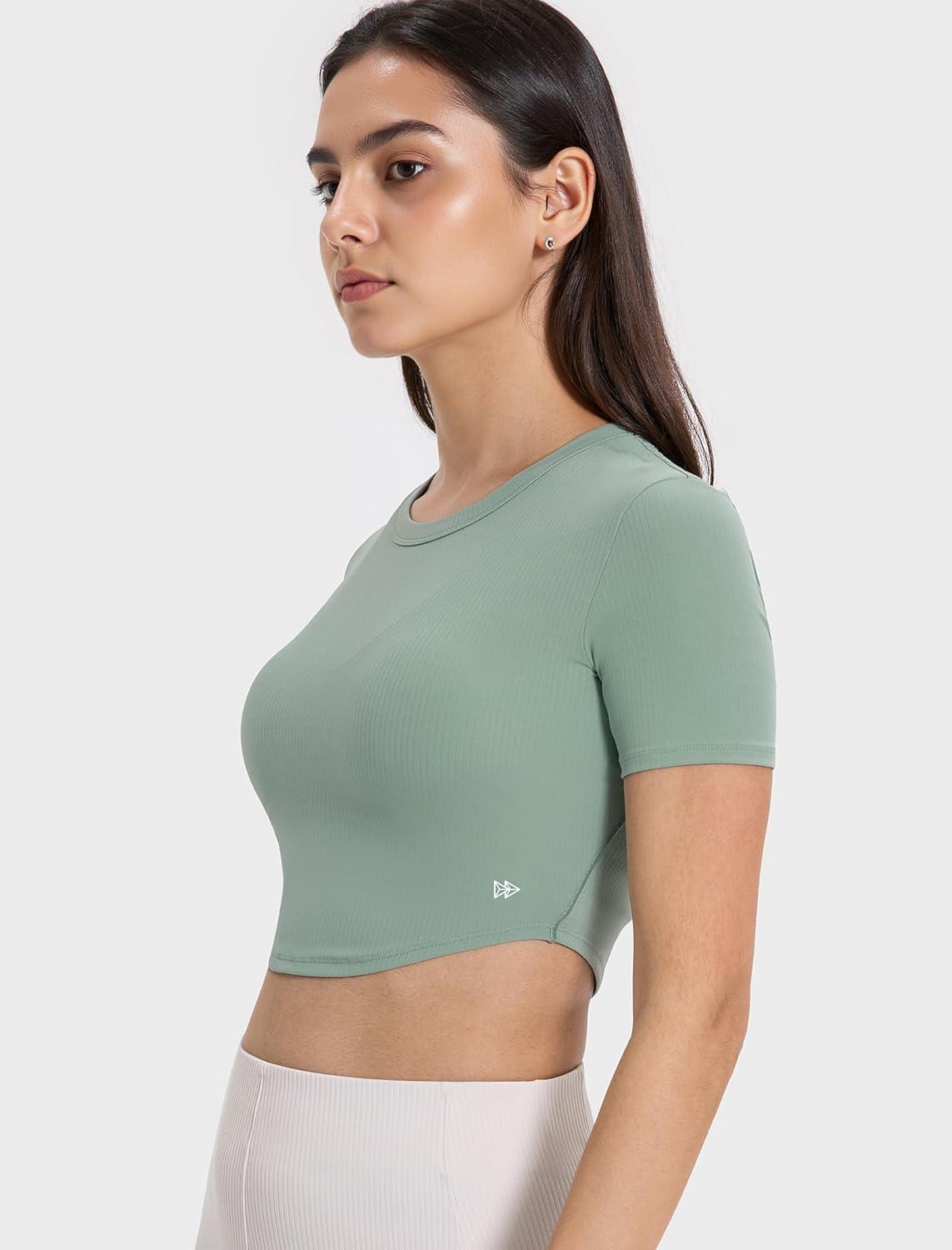 Yvette Womens Cropped Top Short Sleeve Breathable T-Shirts Athletic Yoga Tee Tops(Green)